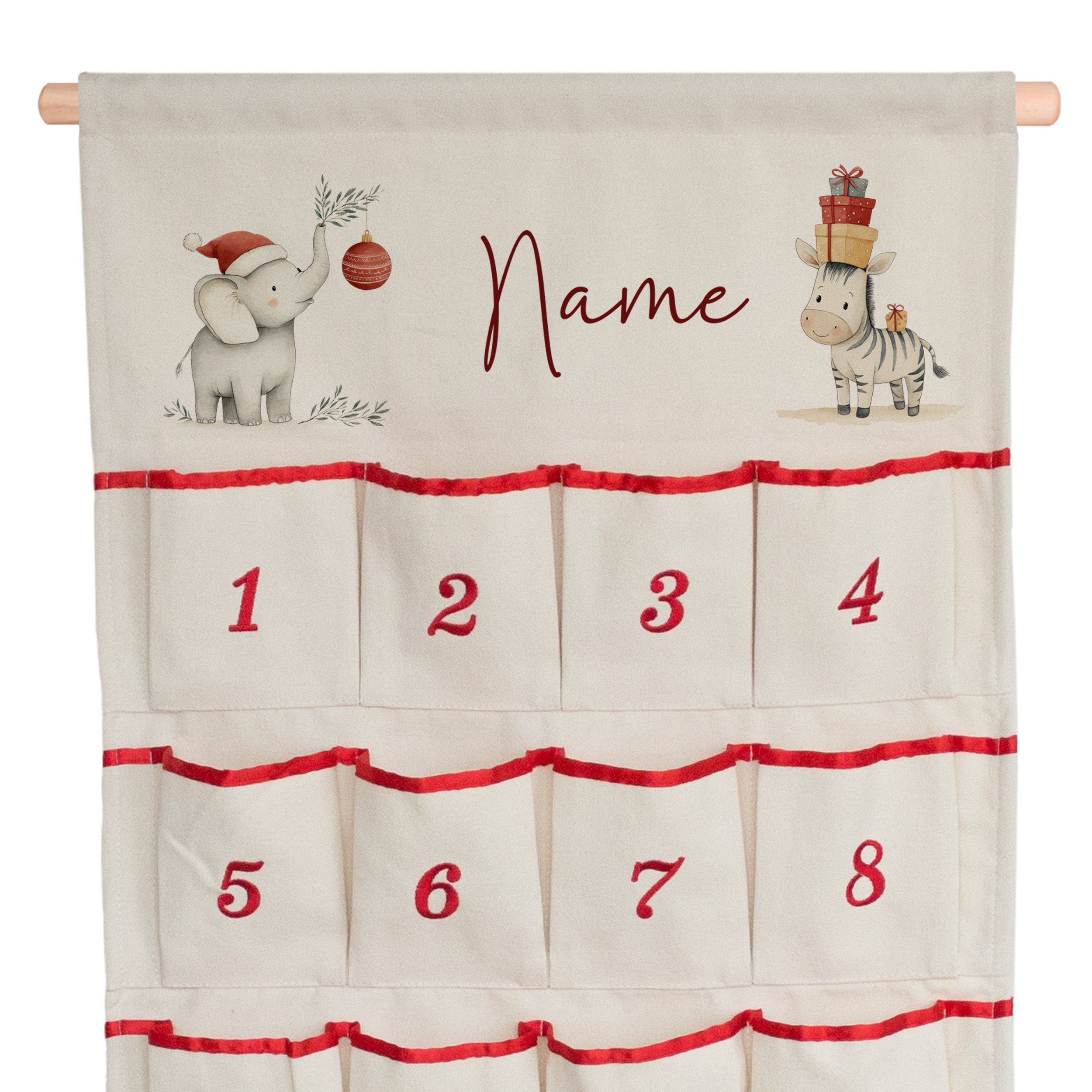 Adventskalender mit Elefant und Zebra, beige mit roten Akzenten.