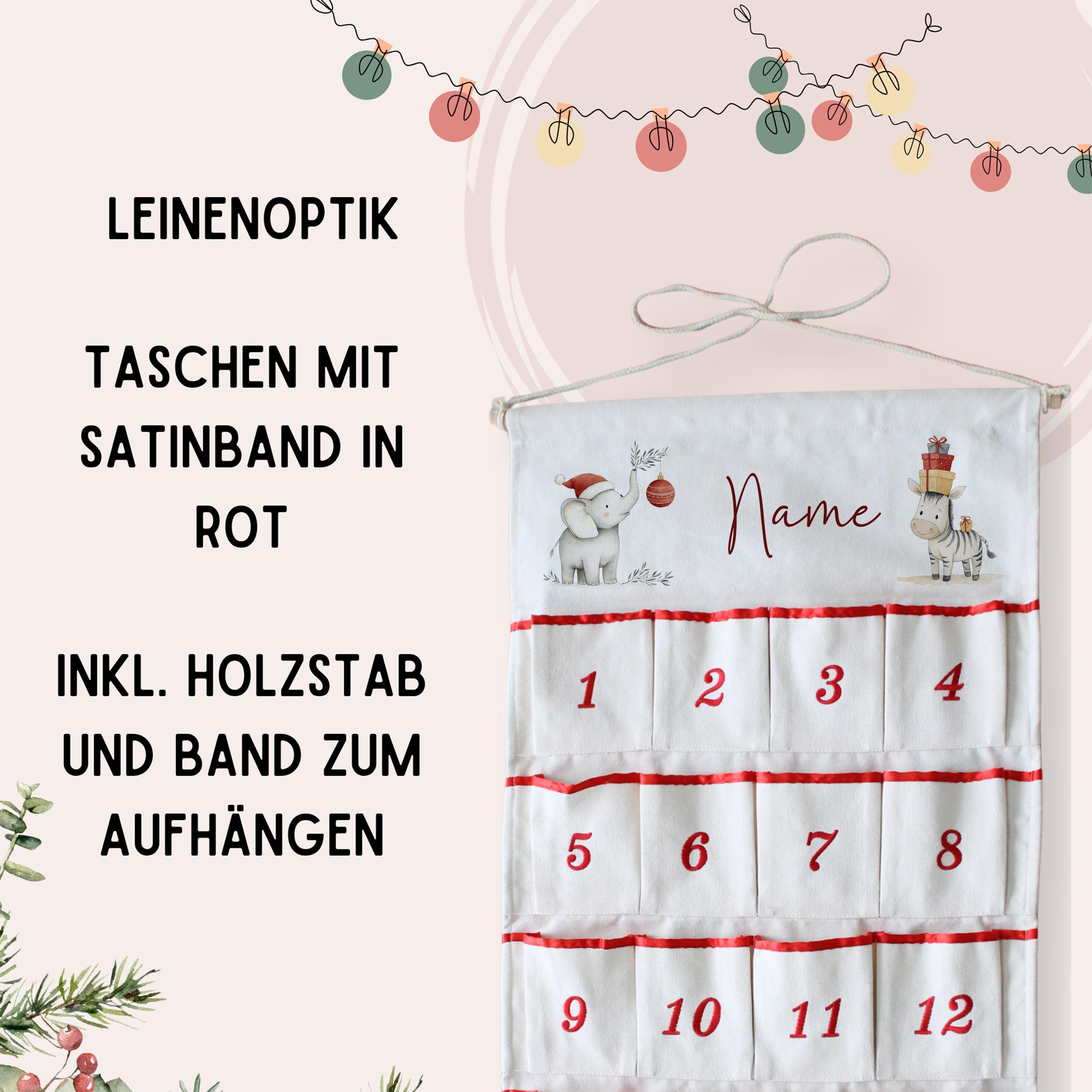 Taschen in Leinenoptik mit rotem Satinband, Adventskalender.