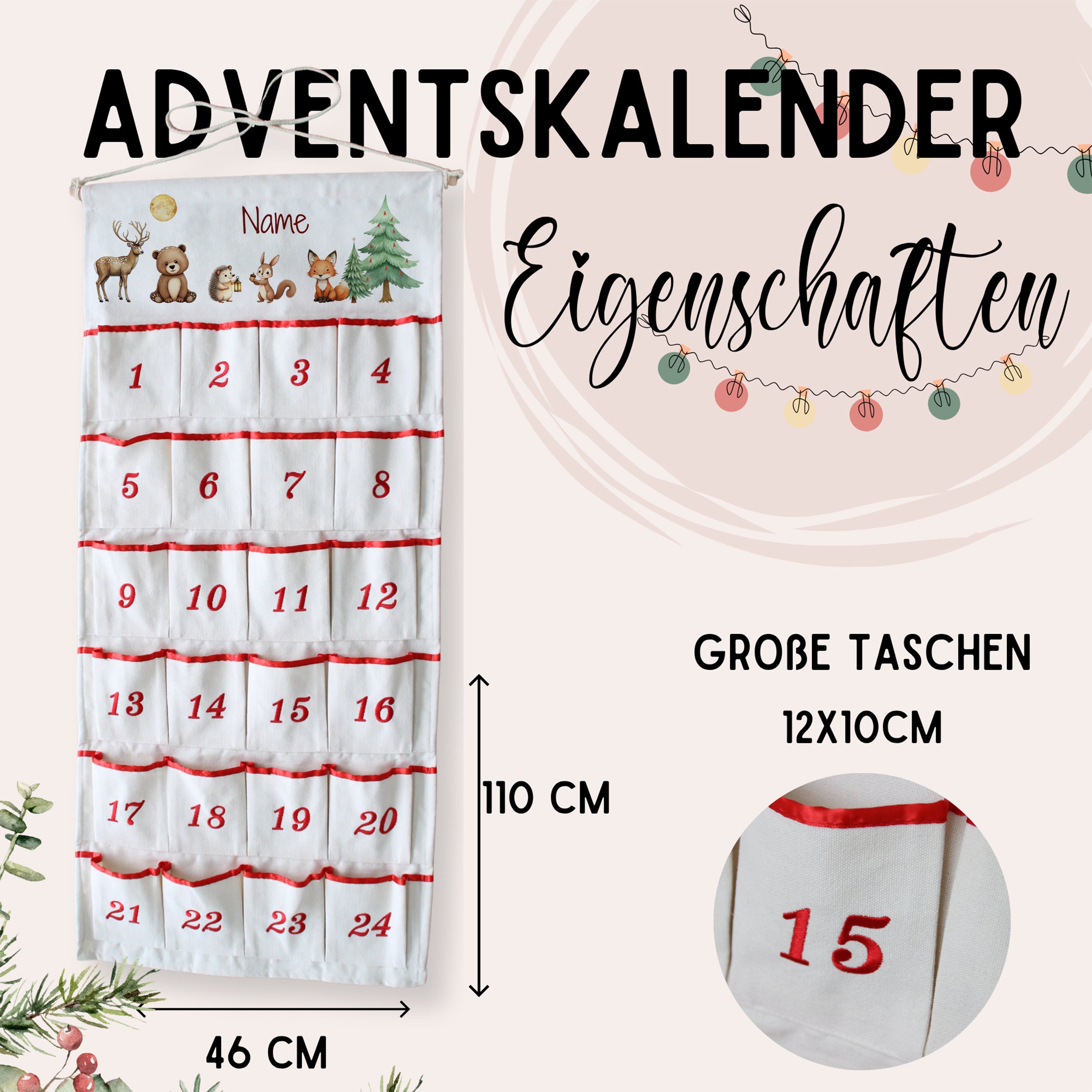 Adventskalender in Weiß mit roten Taschen und Tiermotiven.