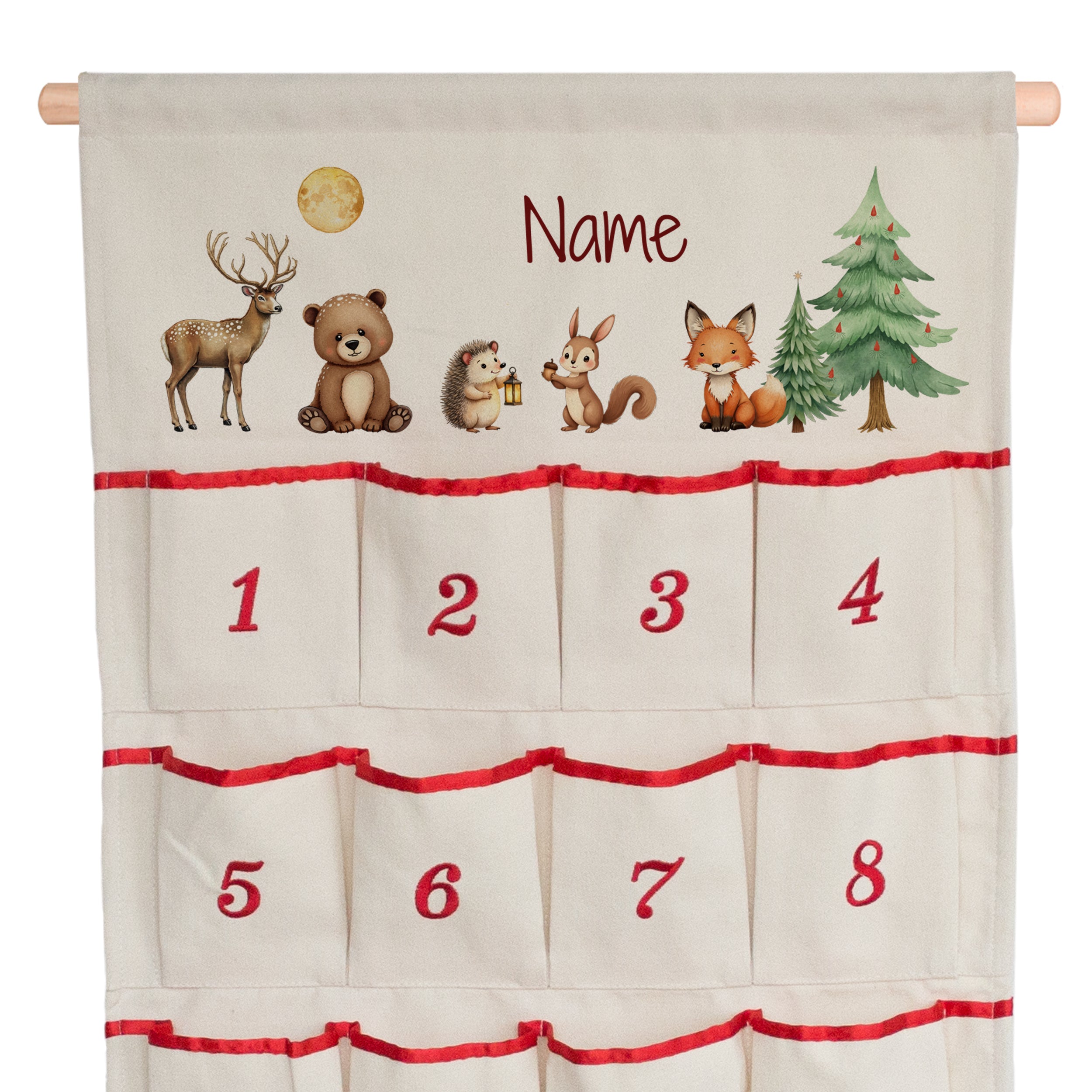 Adventskalender mit Tiermotiven und roten Akzenten.