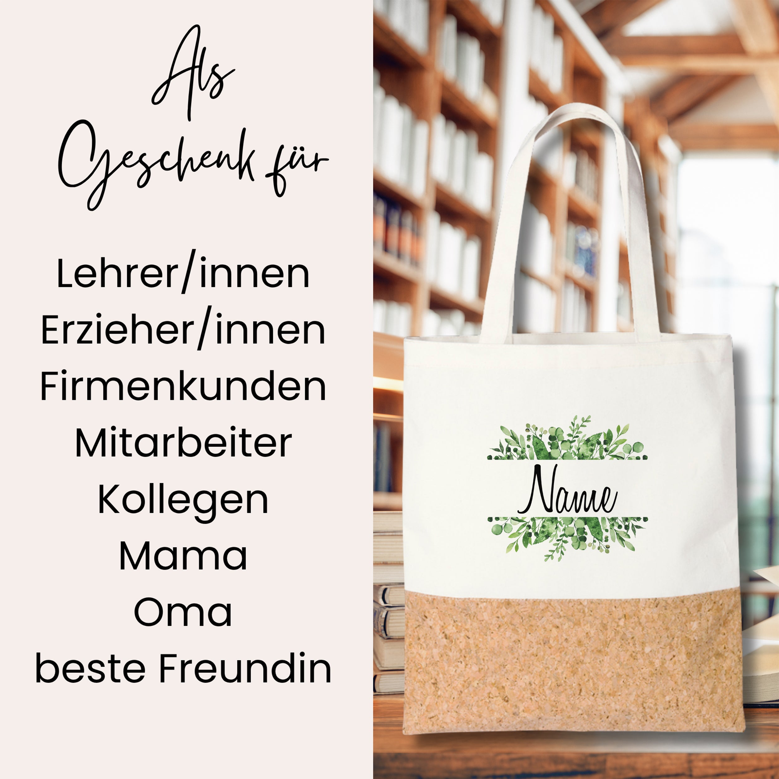 Beige Tragetasche mit Korkboden und Pflanzenmotiv.
