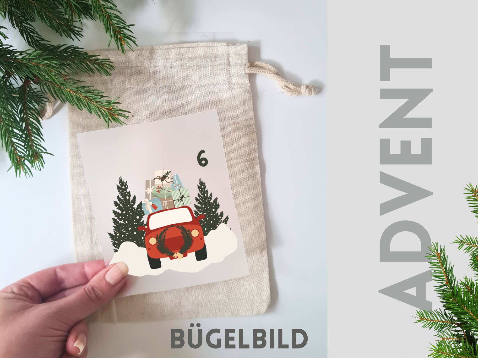 Rotes Auto mit Geschenken und Tannenbäumen, Adventmotiv.
