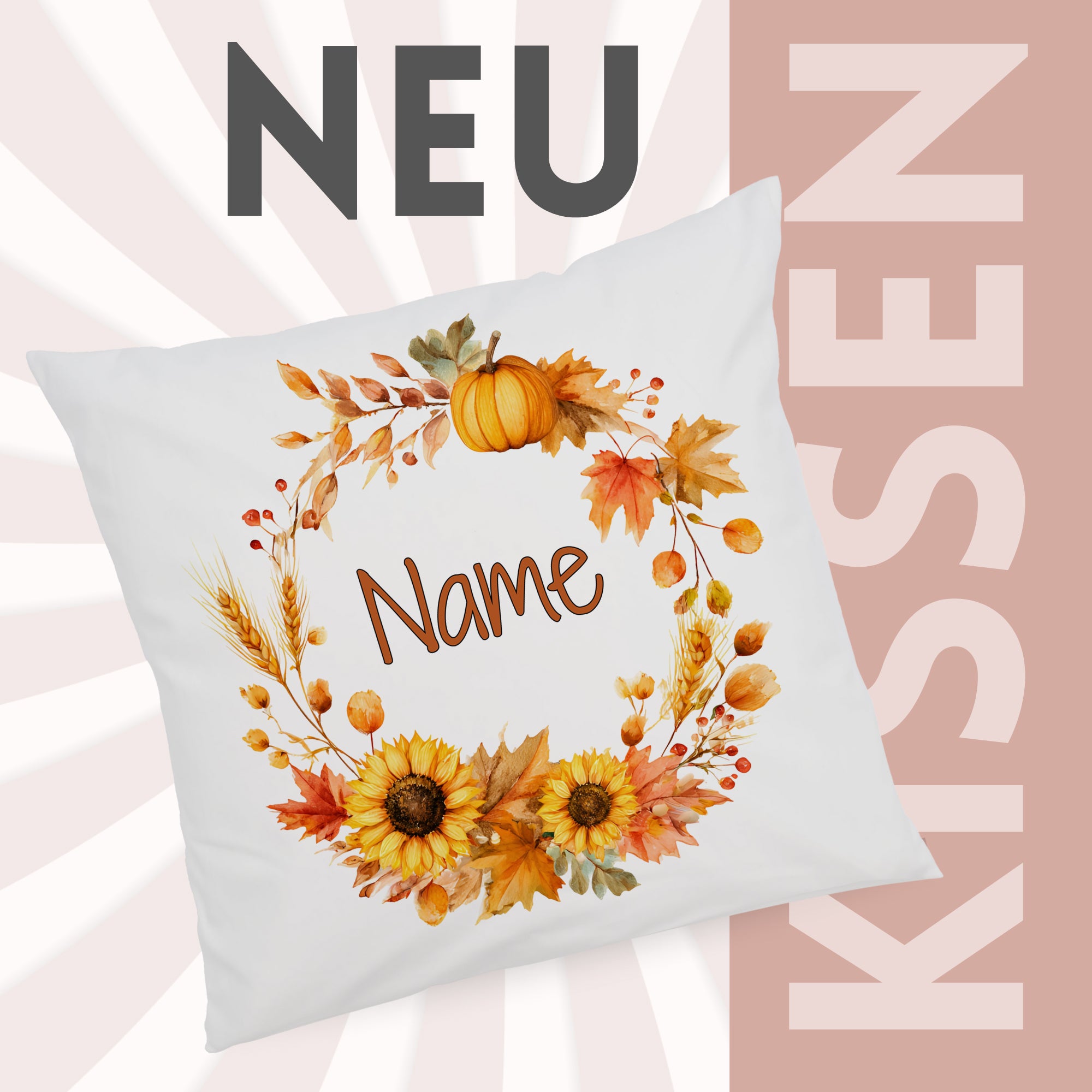 Kissenbezug mit Sonnenblumen und Herbstkranz