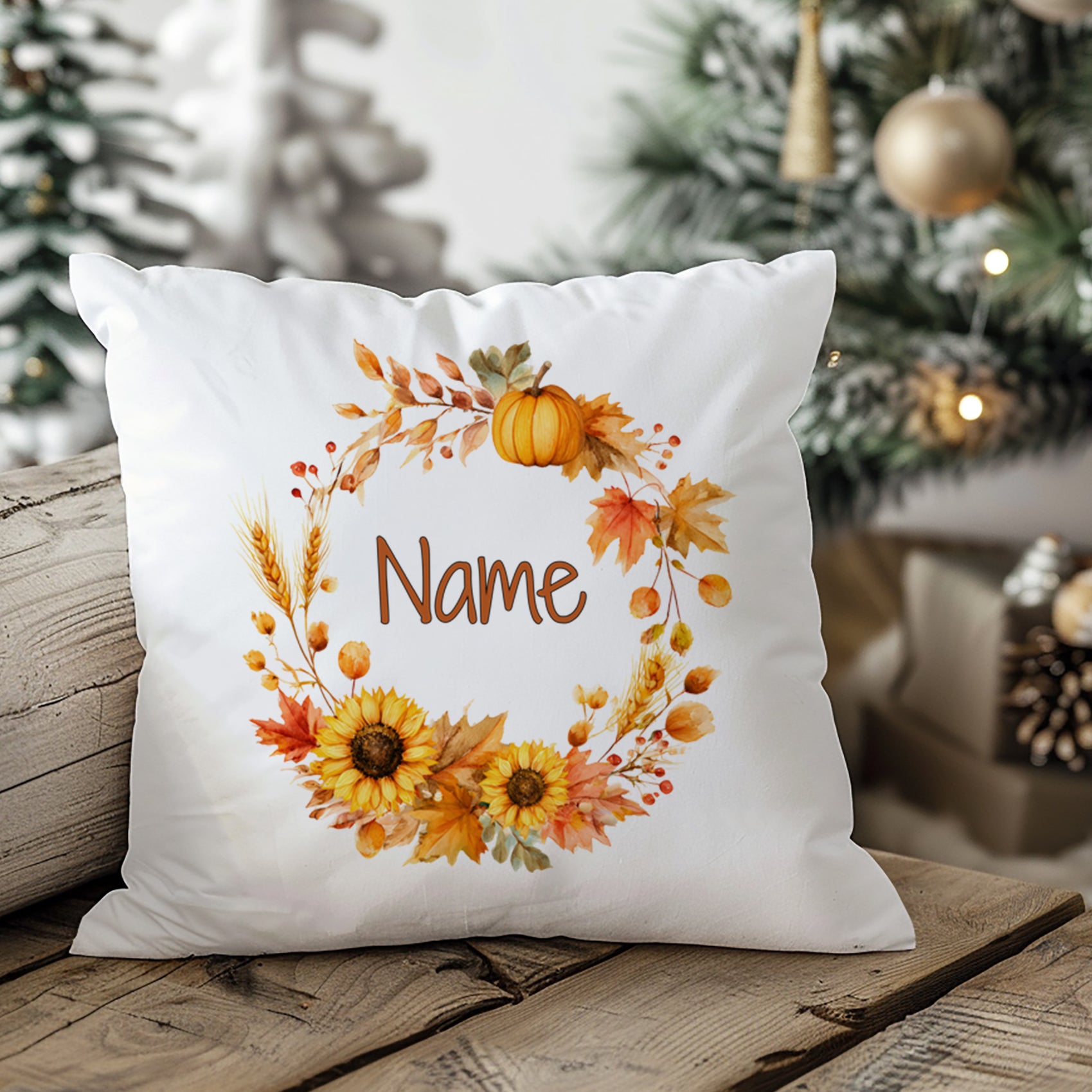 Kissenbezug mit Sonnenblumen und Herbstkranz