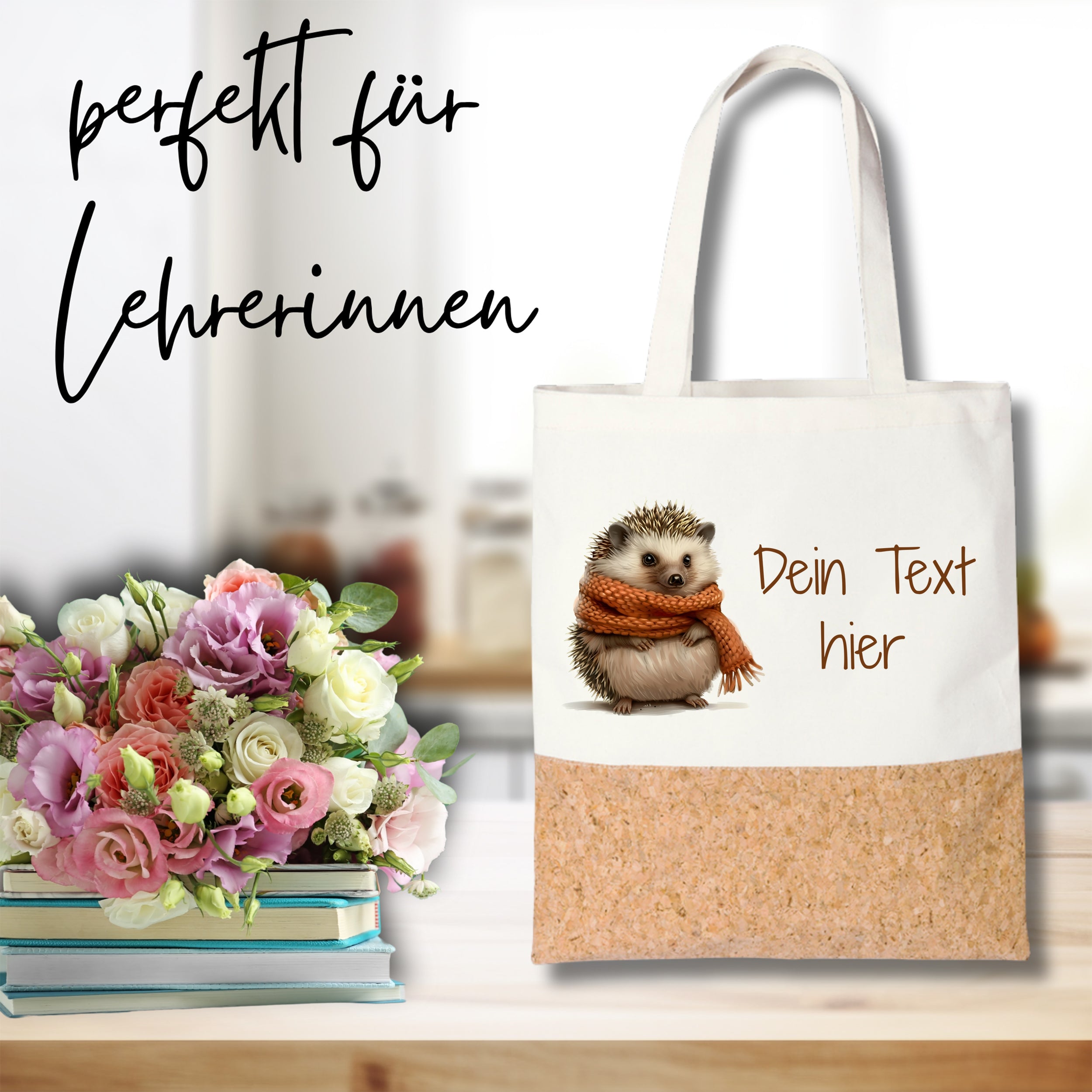 Stofftasche mit Igel-Motiv und Korkboden, personalisierbar.