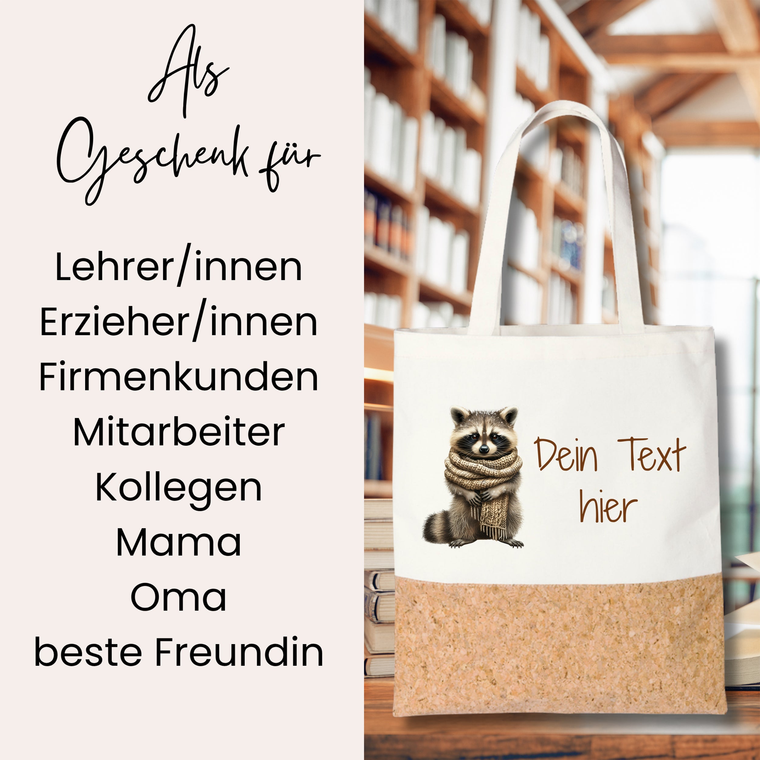 Beige Tasche mit Waschbär-Motiv und Korkboden.