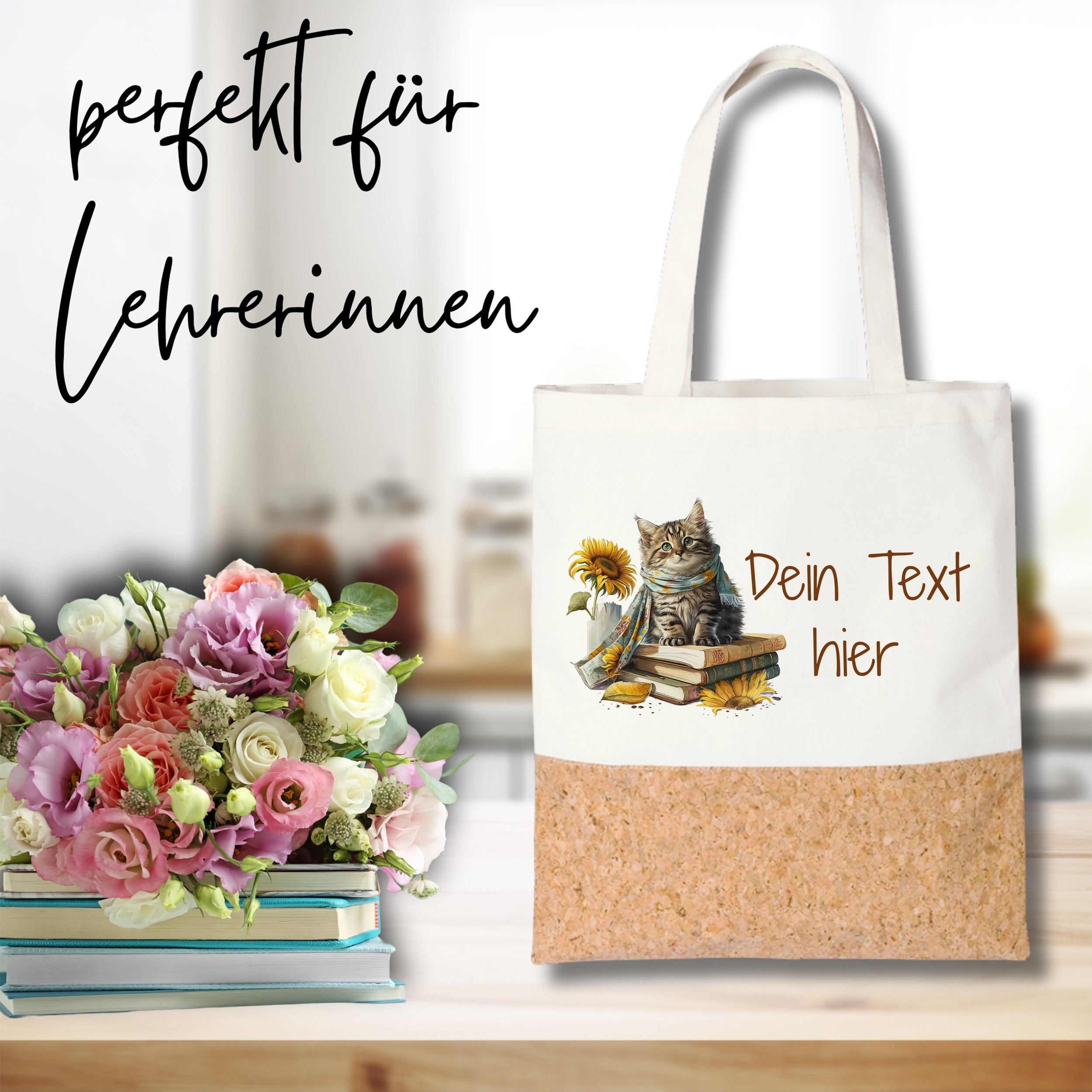 Stofftasche mit Katzenmotiv und Korkboden, personalisierbar.