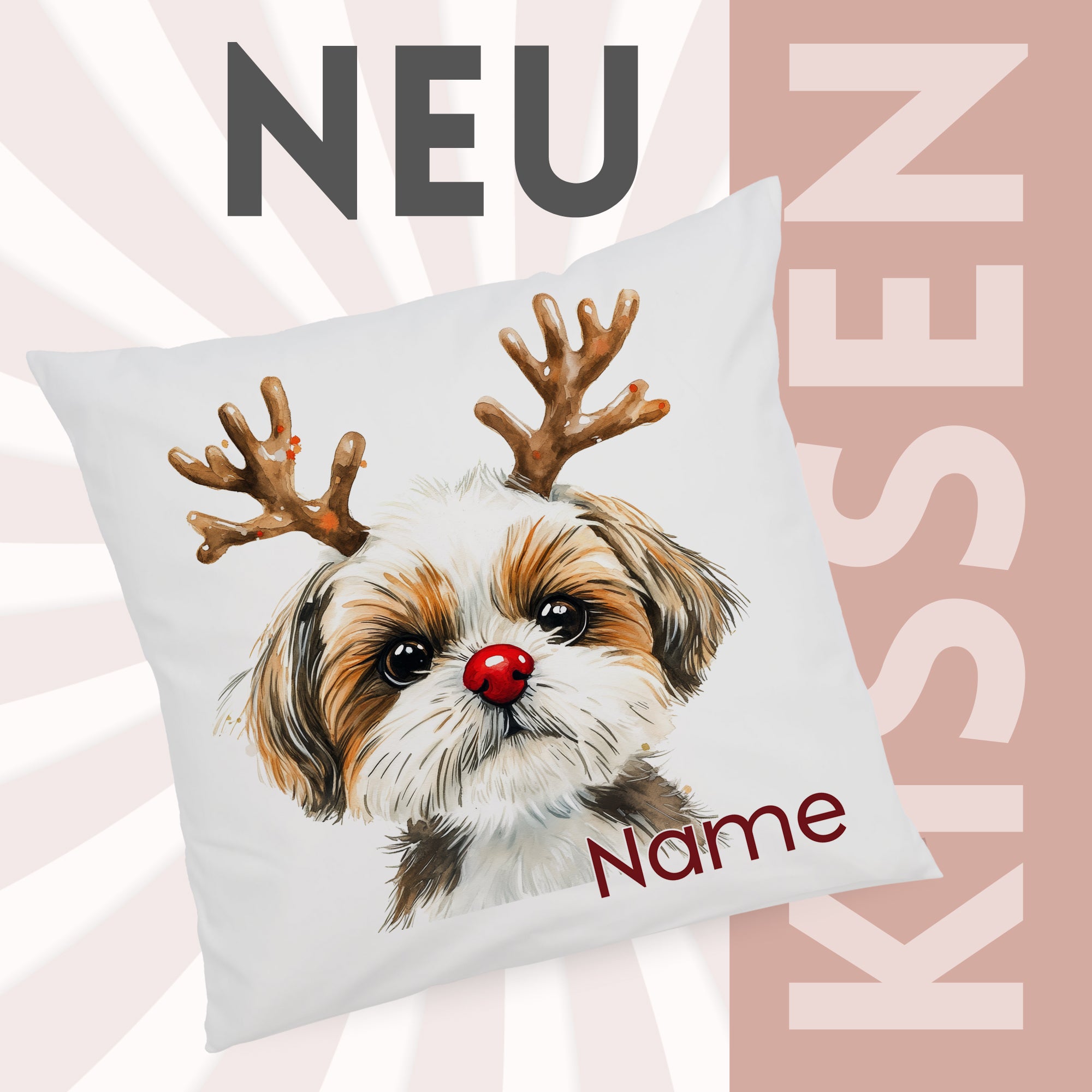 Kissen mit Hundemotiv, braune und weiße Farben, personalisierbar.
