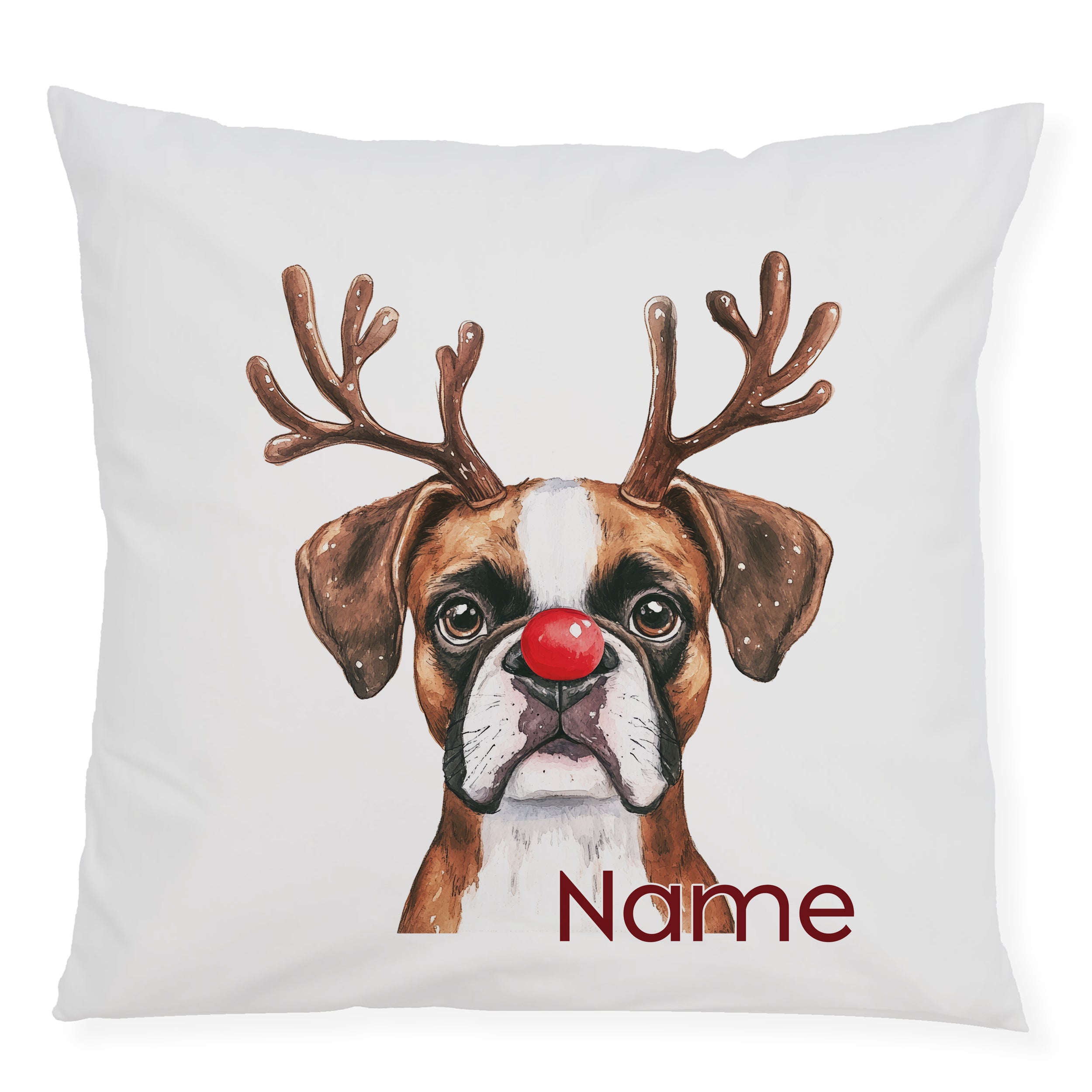 Kissen mit Hund, Weihnachtsmann-Rentiere, rote Nase, personalisierbar.