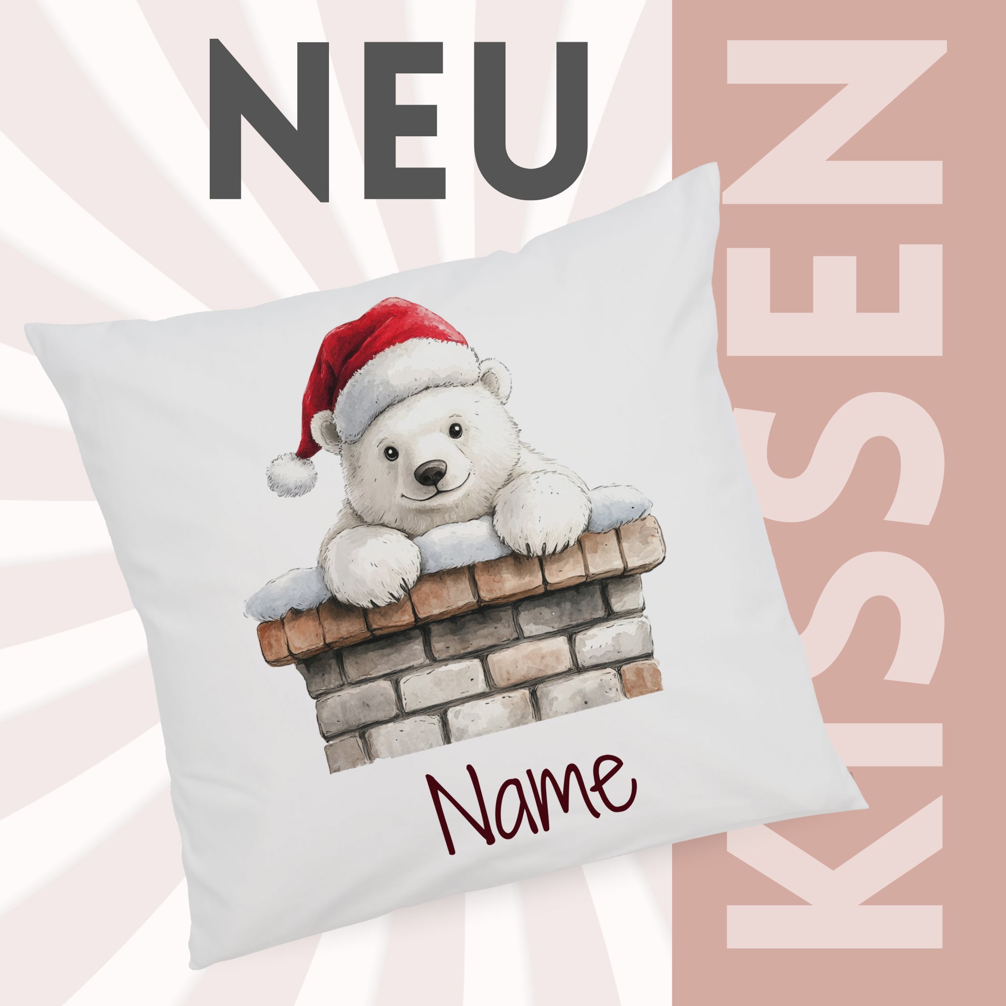 Kissen mit niedlichem Weihnachtsbären und personalisierbarem Namen.