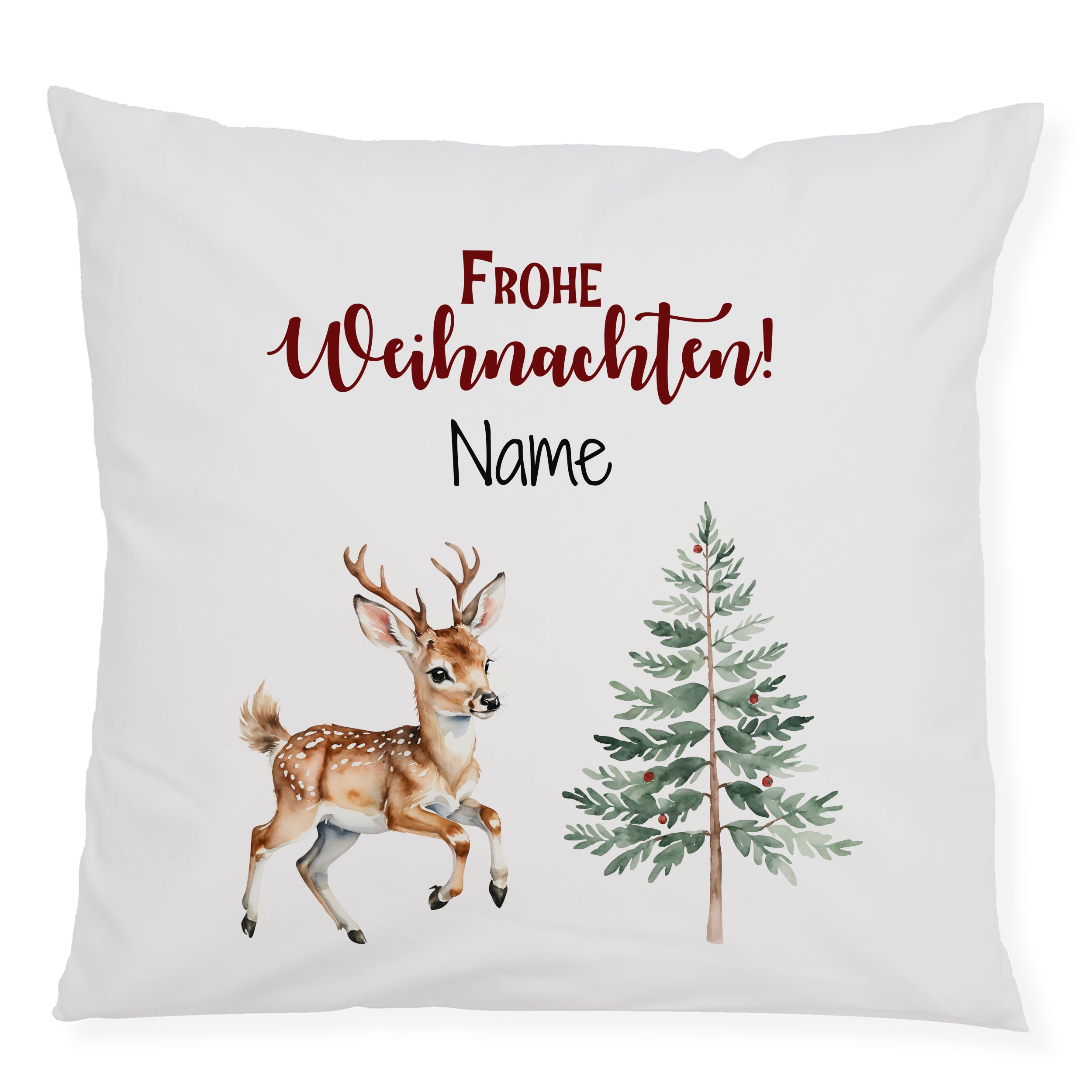 Weihnachtliches Kissen mit Reh und Tannenbaum, weiß.