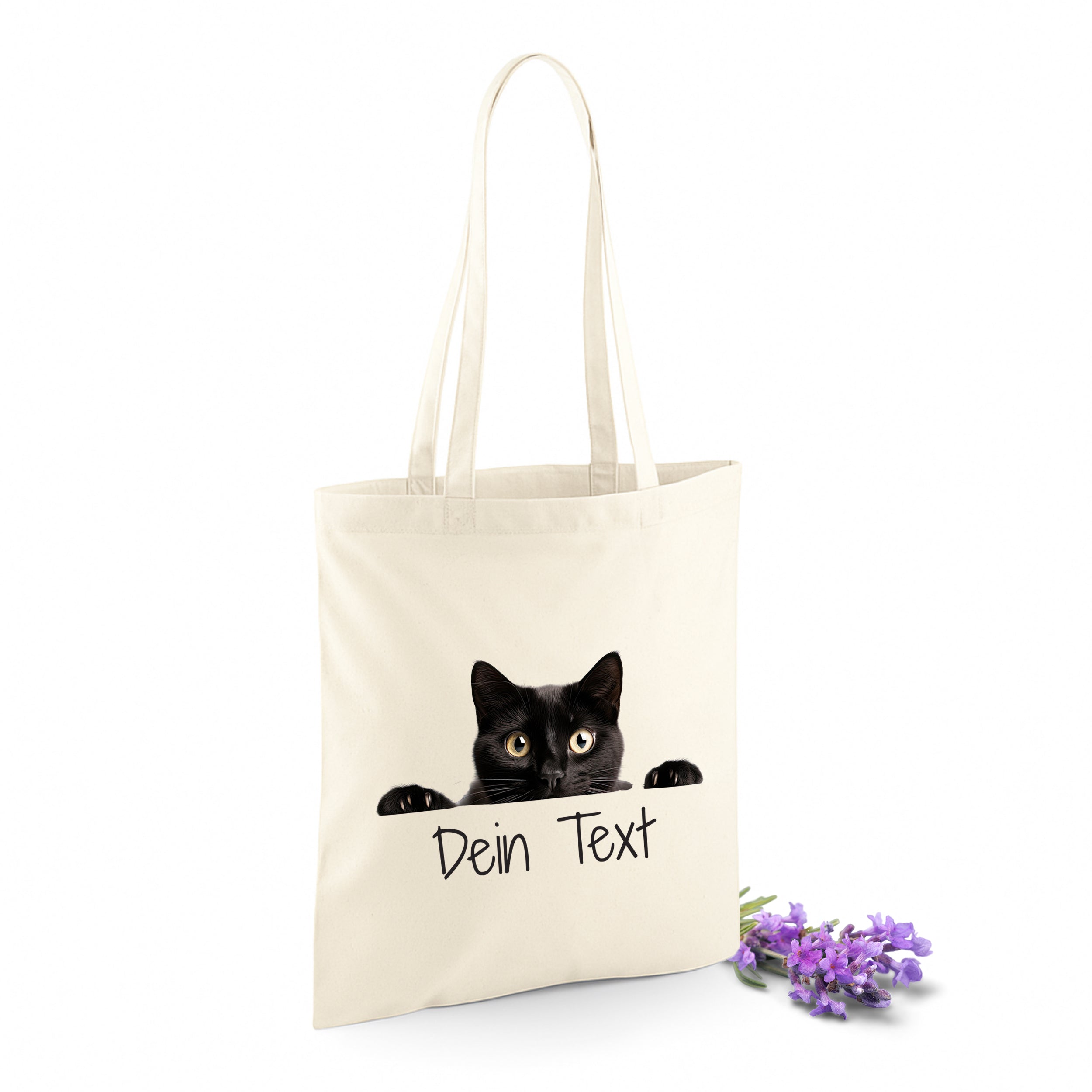 Beige Tragetasche mit schwarzer Katze und personalisierbarem Text.