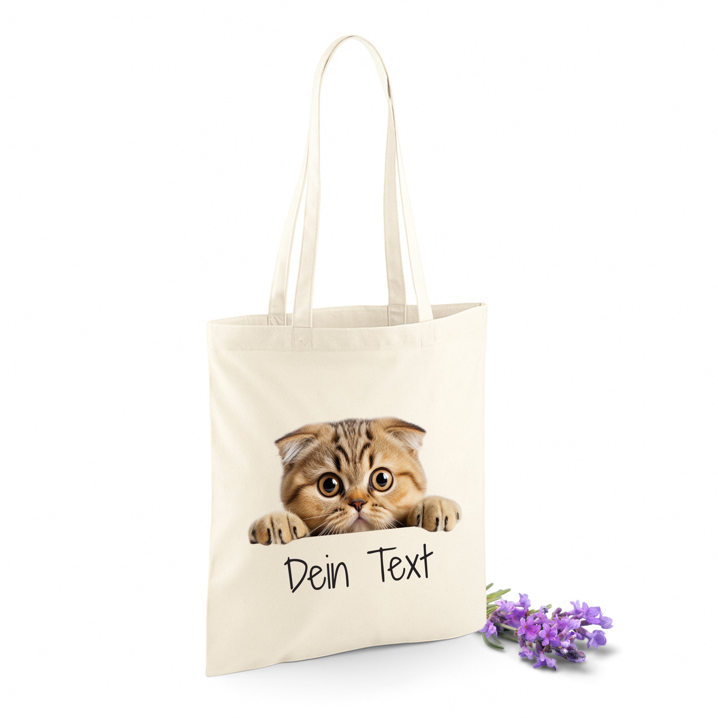 Beige Stofftasche mit niedlichem Katzenmotiv und personalisierbarem Text.