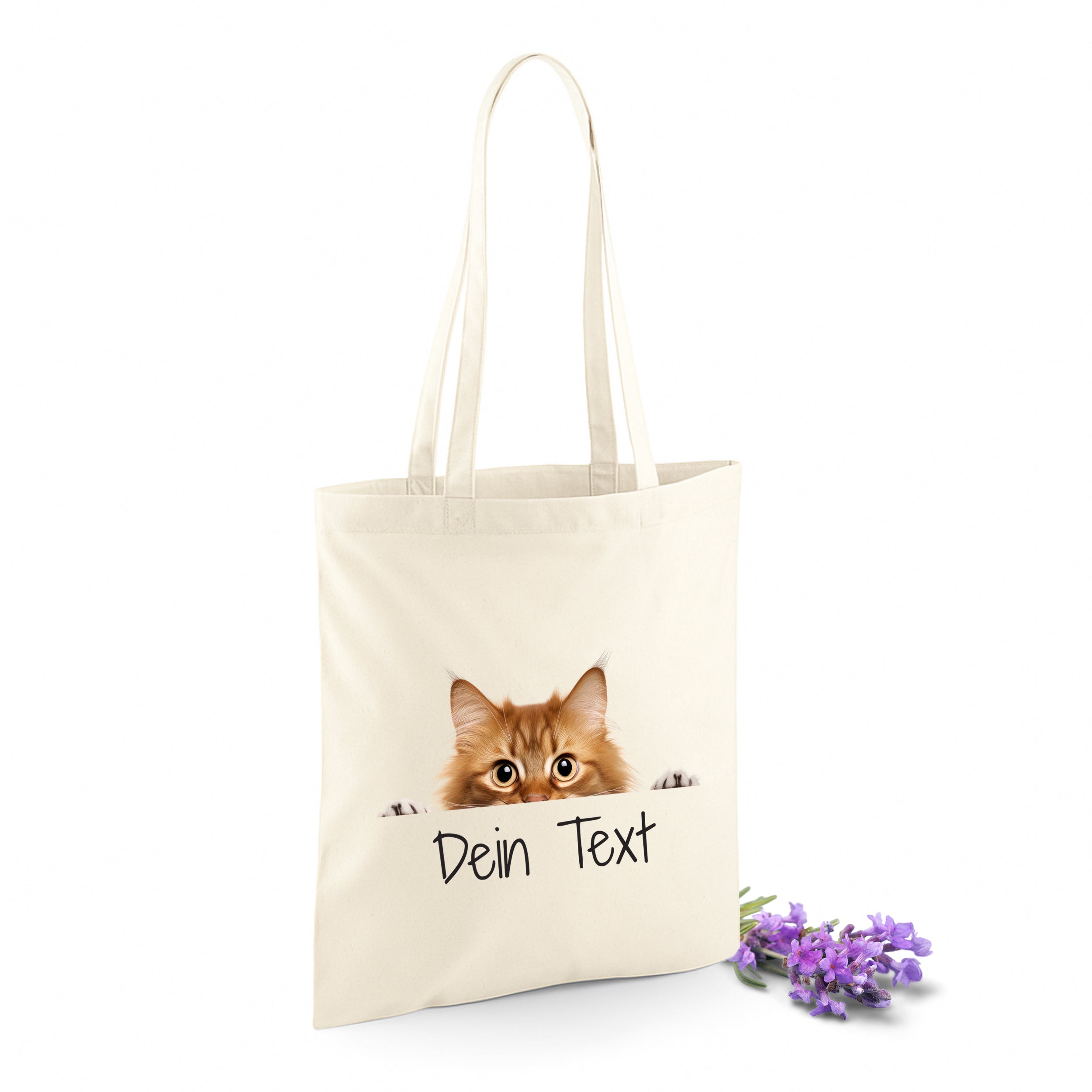 Beige Stofftasche mit Katzenmotiv und personalisierbarem Text.