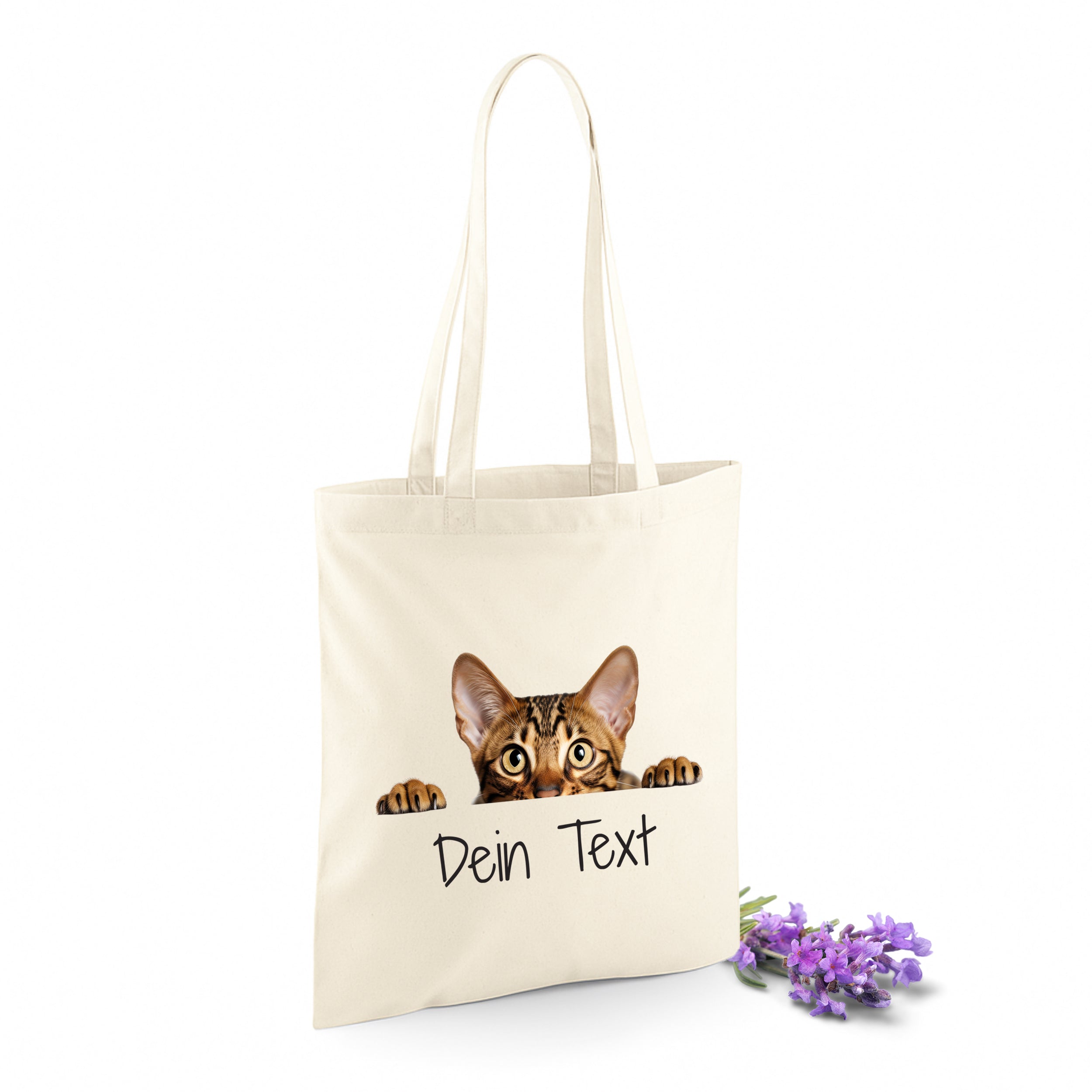 Beige Baumwolltasche mit Katzenmotiv und personalisierbarem Text.