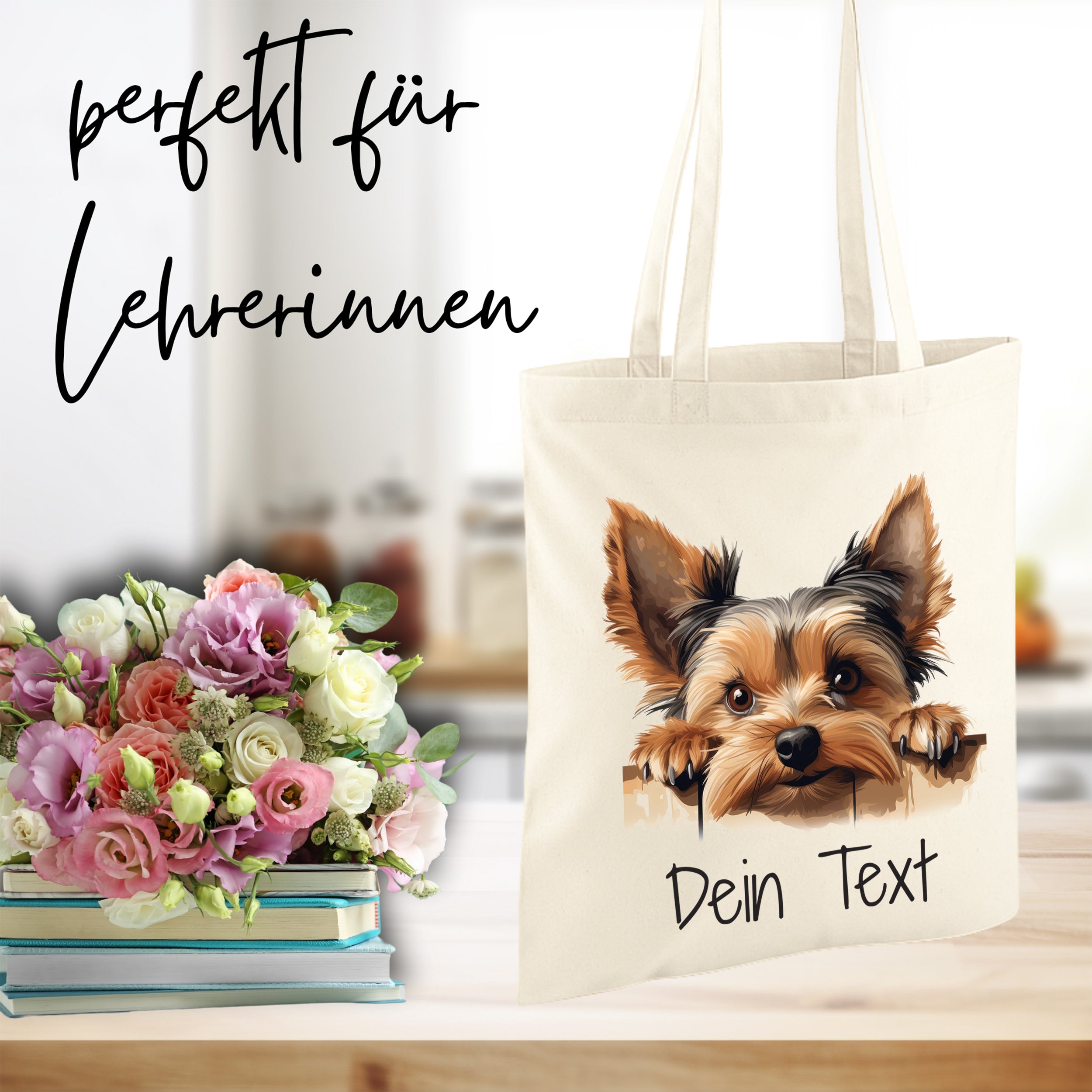 Beige Baumwolltasche mit Hundemotiv und personalisierbarem Text.