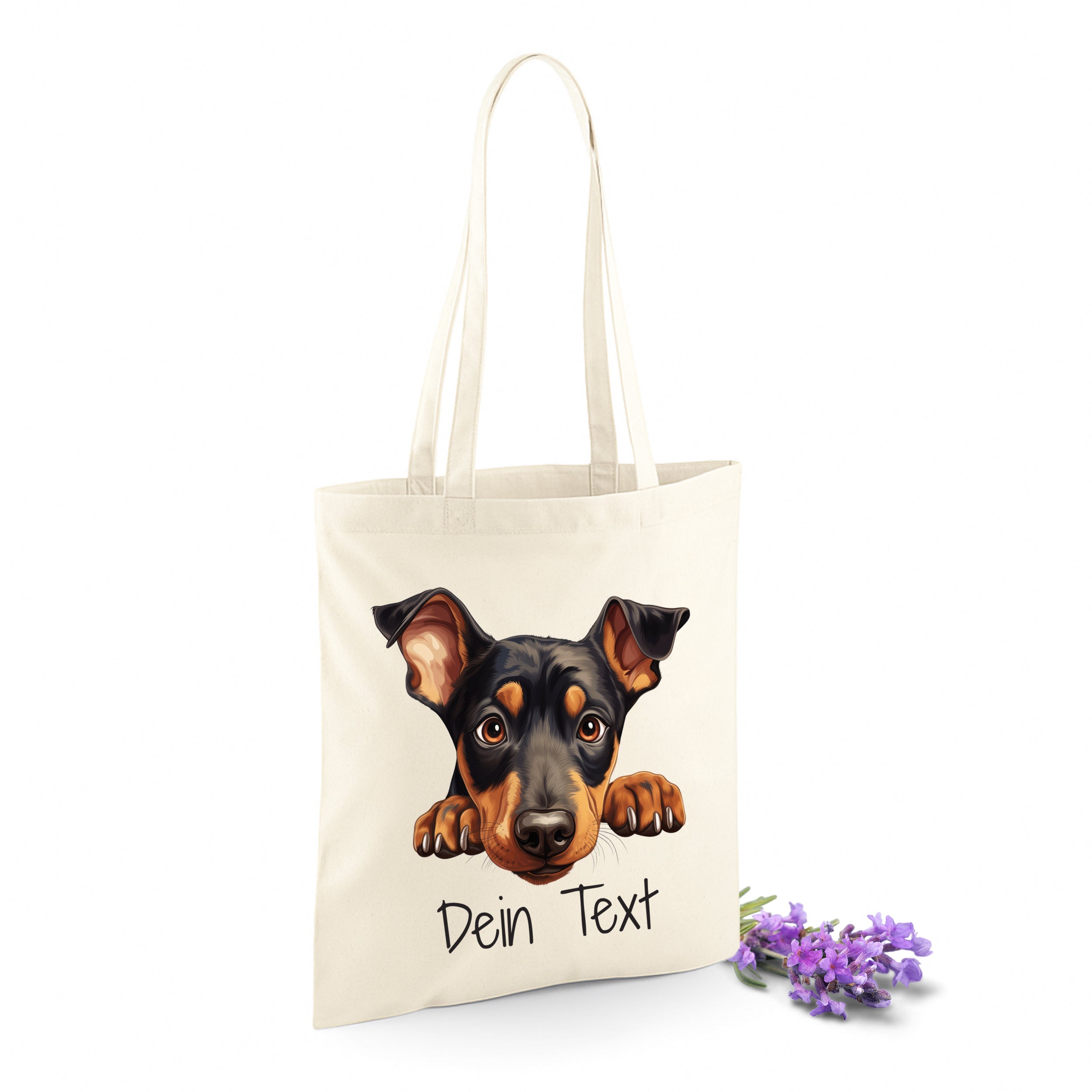 Beige Tasche mit Hundemotiv und personalisierbarem Text.