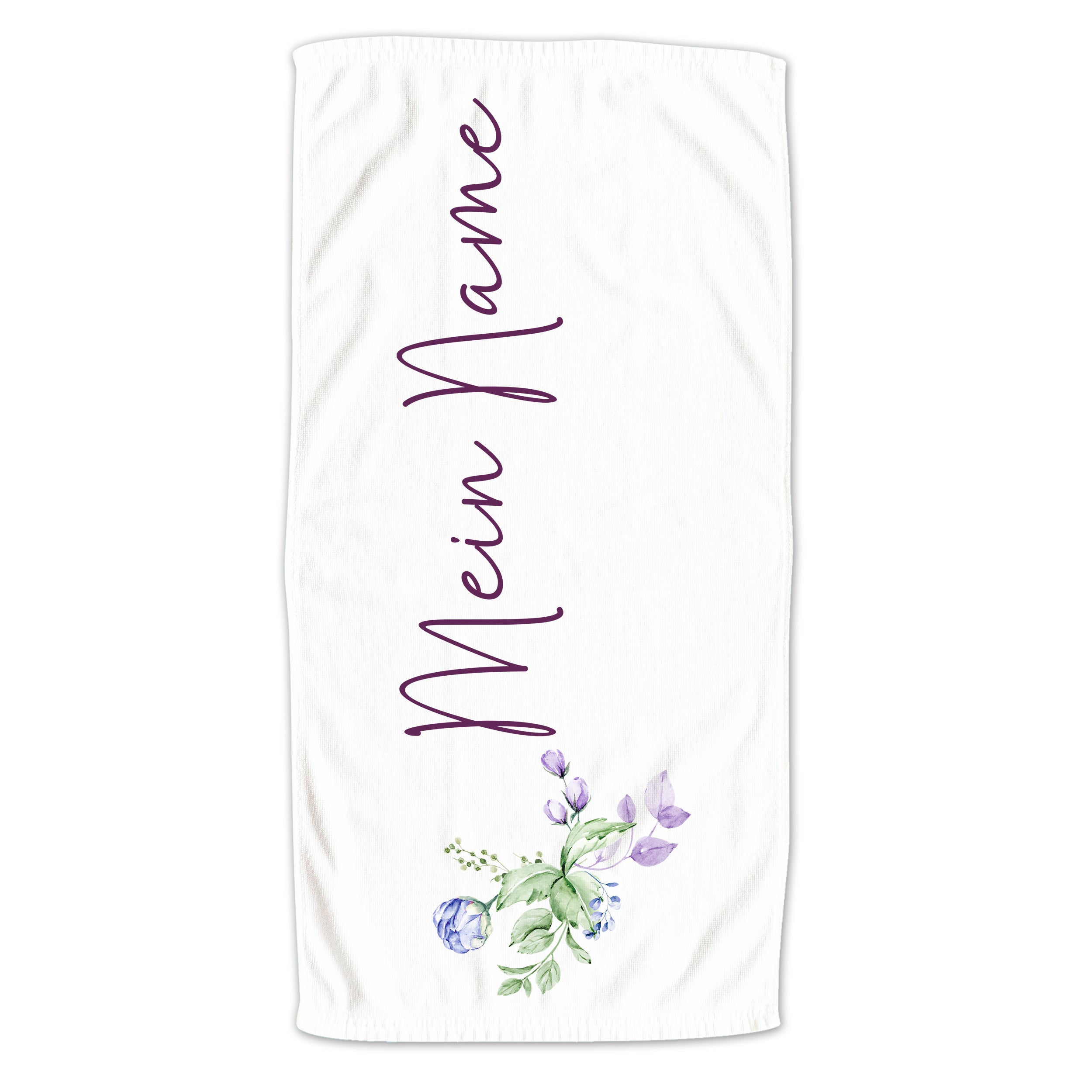 Weißes Handtuch mit lila Schriftzug und floralen Motiven.