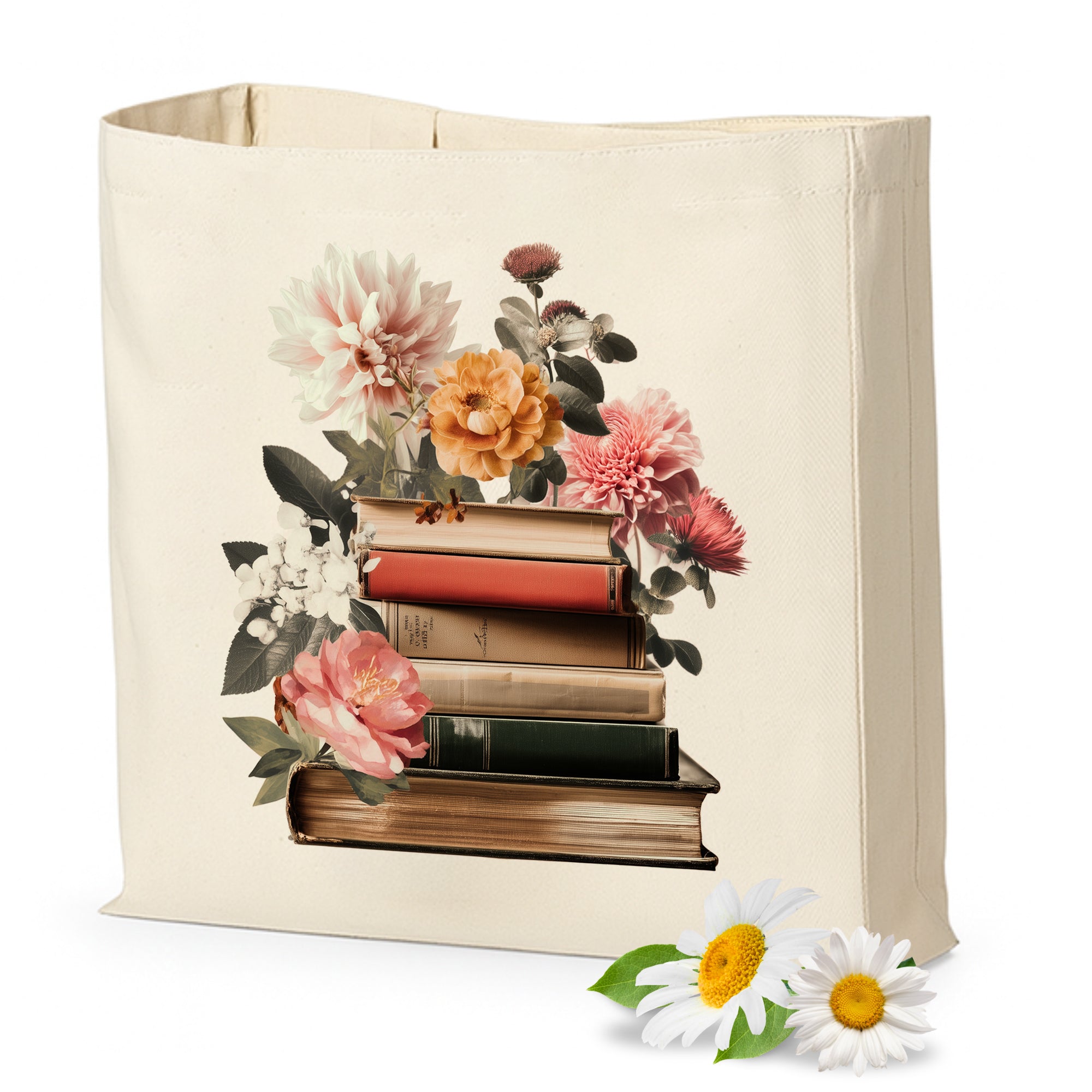 Tasche mit Blumen und Büchern - Für Bücherliebhaber und Naturfreunde