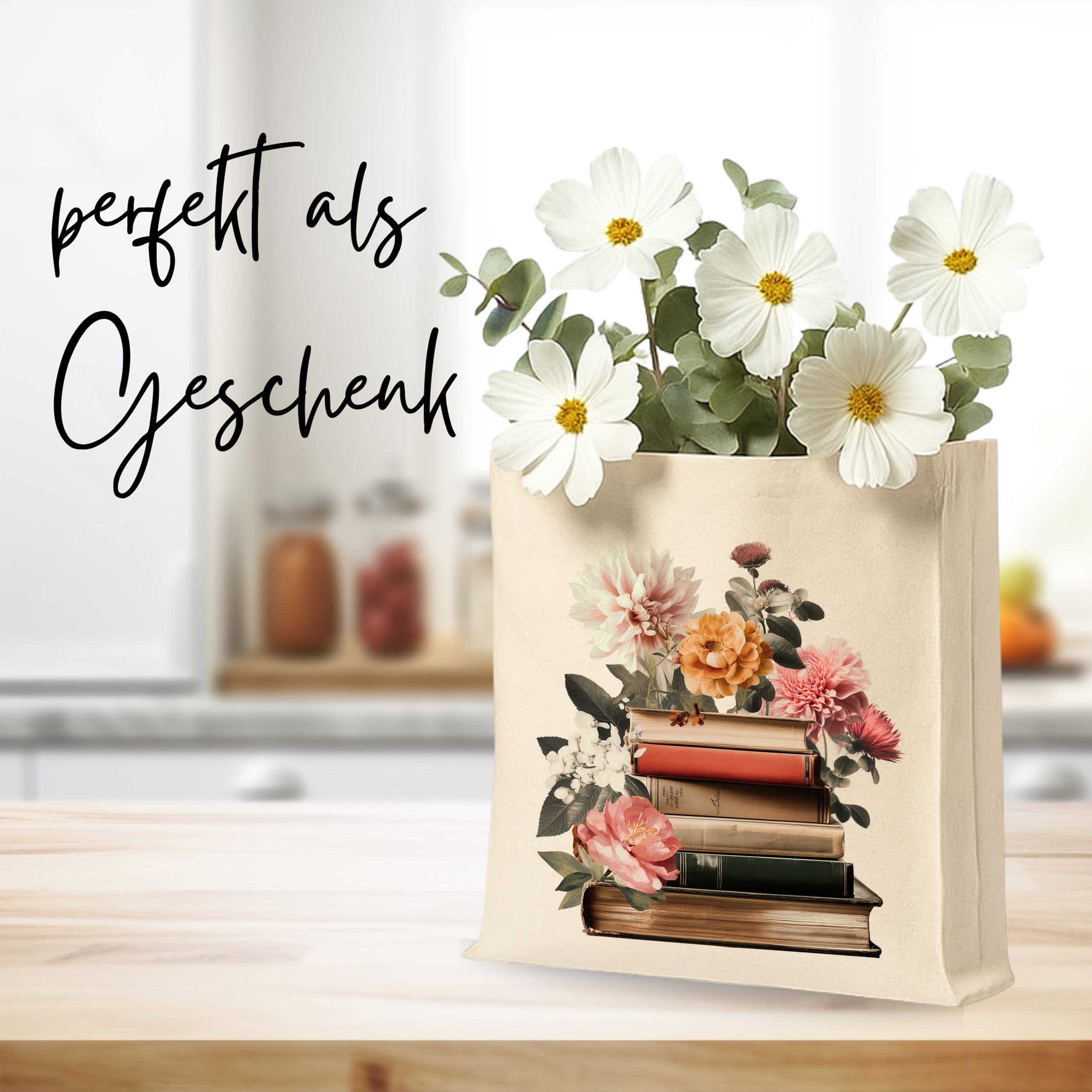Tasche mit Blumen und Büchern - Für Bücherliebhaber und Naturfreunde