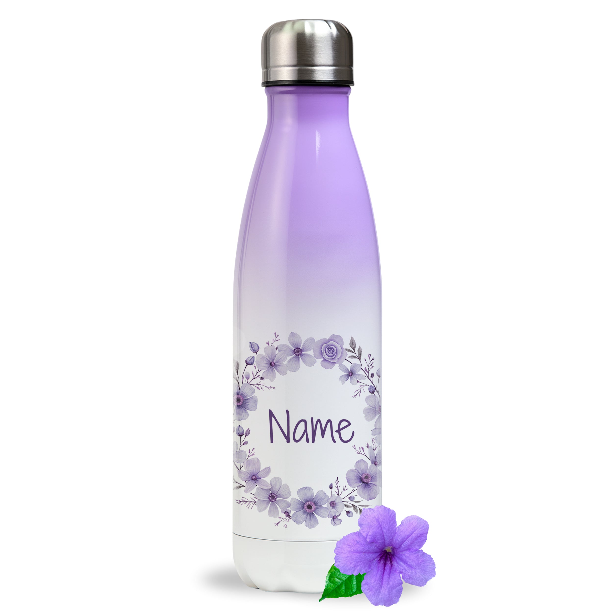 Thermos Trinkflasche mit lila Blumen