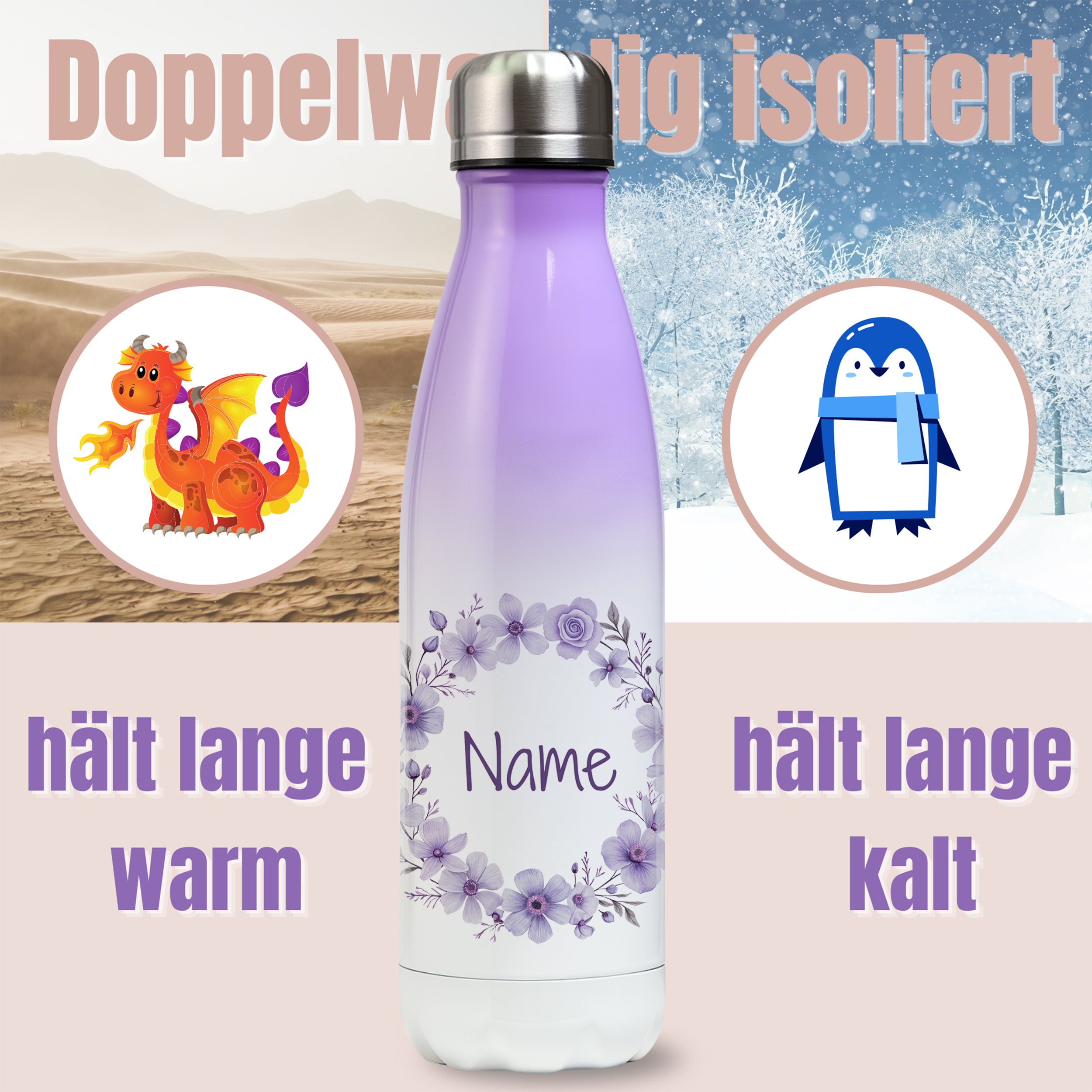 Thermos Trinkflasche mit lila Blumen