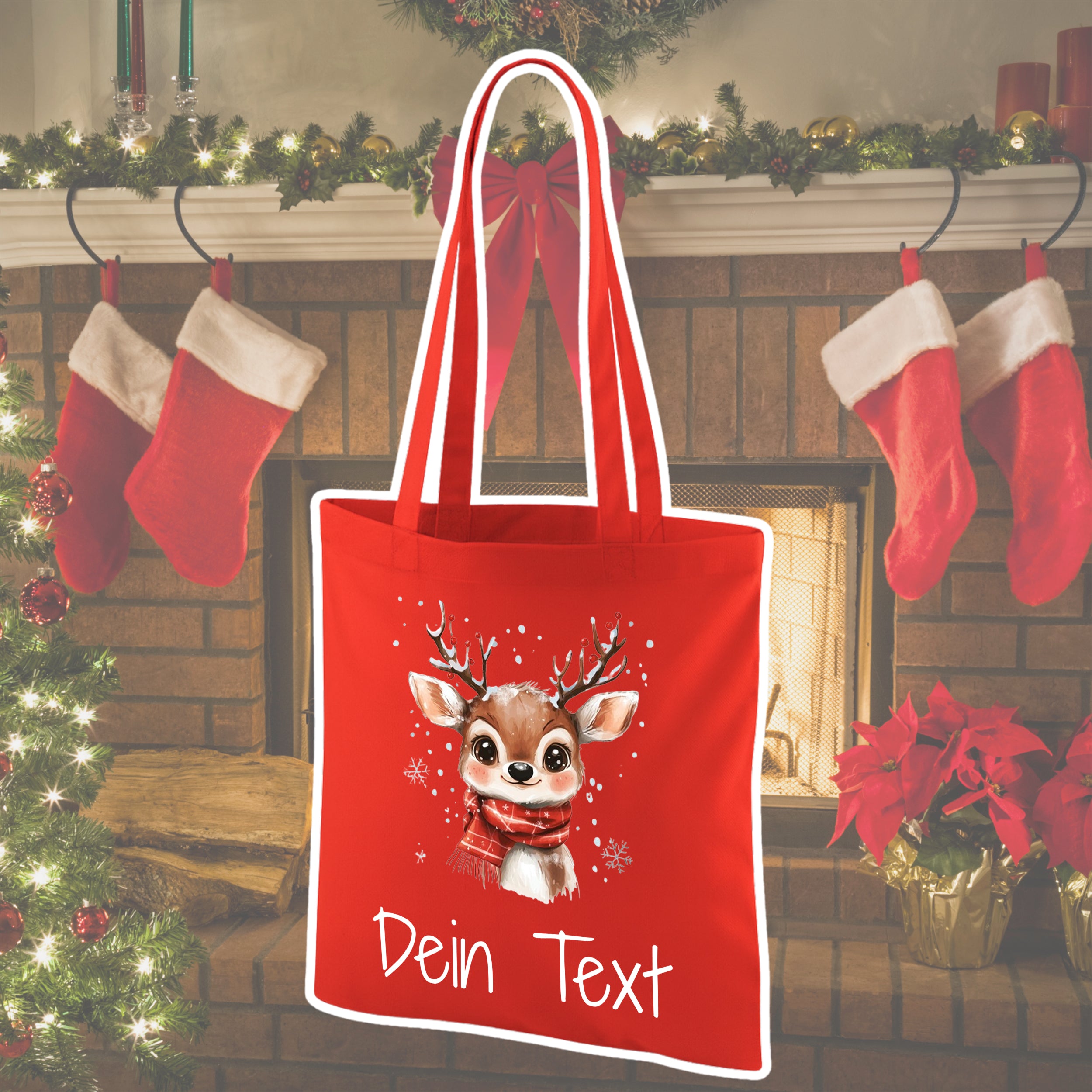 Rote Tragetasche mit niedlichem Rentiermotiv und personalisierbarem Text.