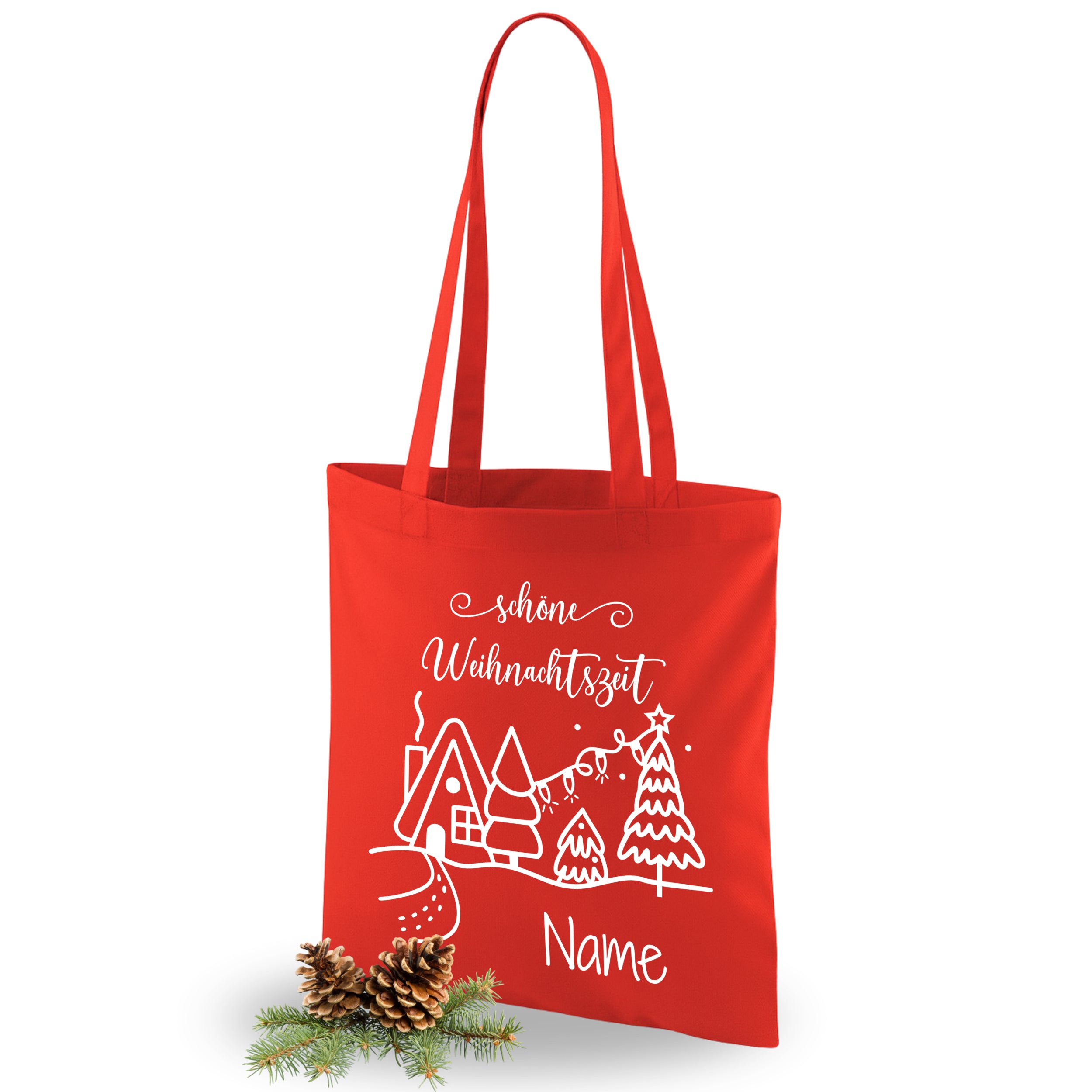 Rote Baumwolltasche mit Weihnachtsmotiv und personalisierbarem Namen.