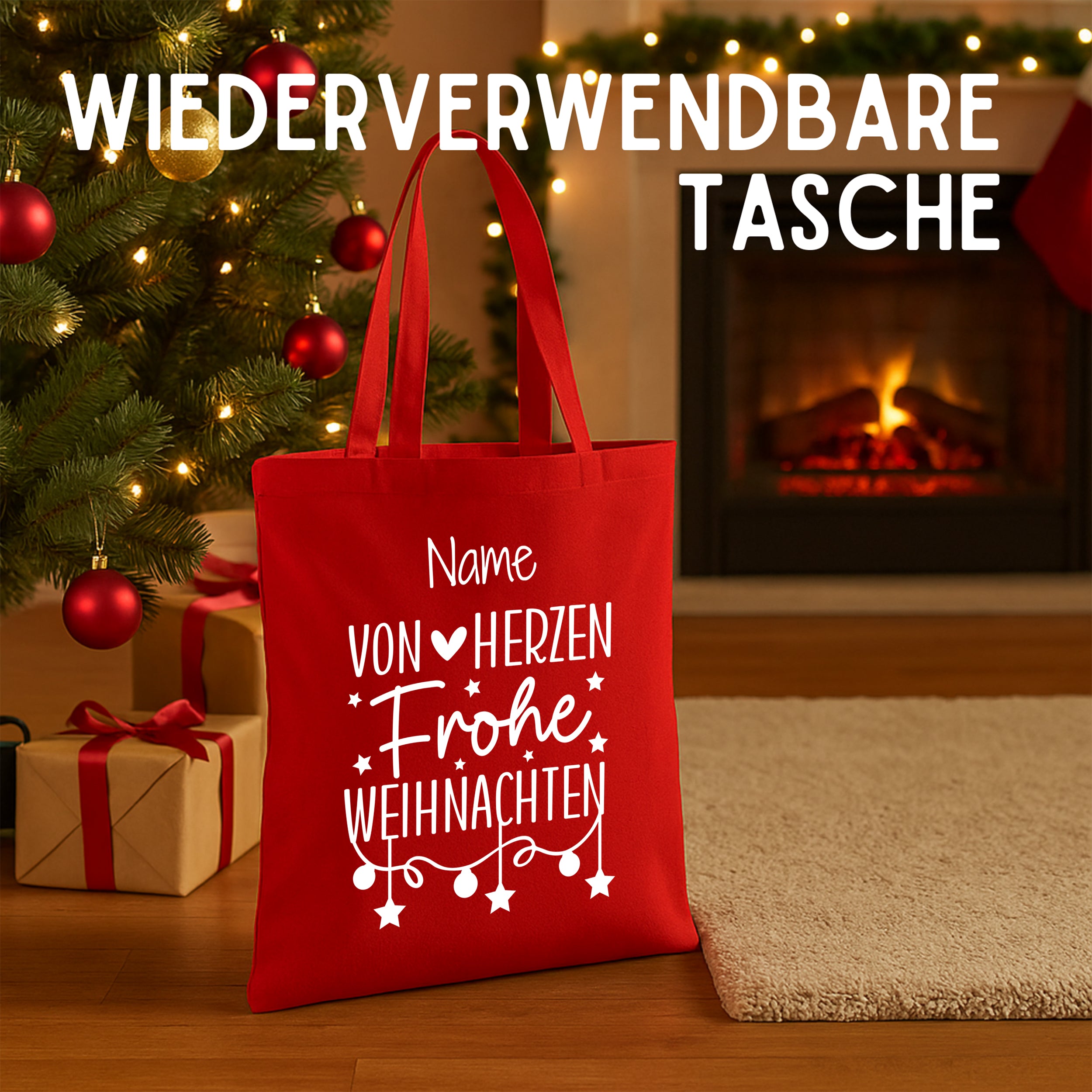 Wiederverwendbare rote Tasche mit Weihnachtsmotiv und personalisierbarem Namen.