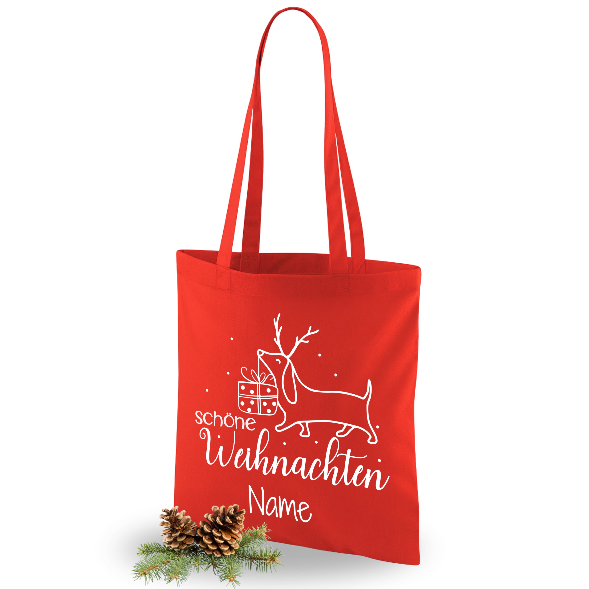 Rote Tragetasche mit Weihnachtsmotiv und personalisierbarem Namen.