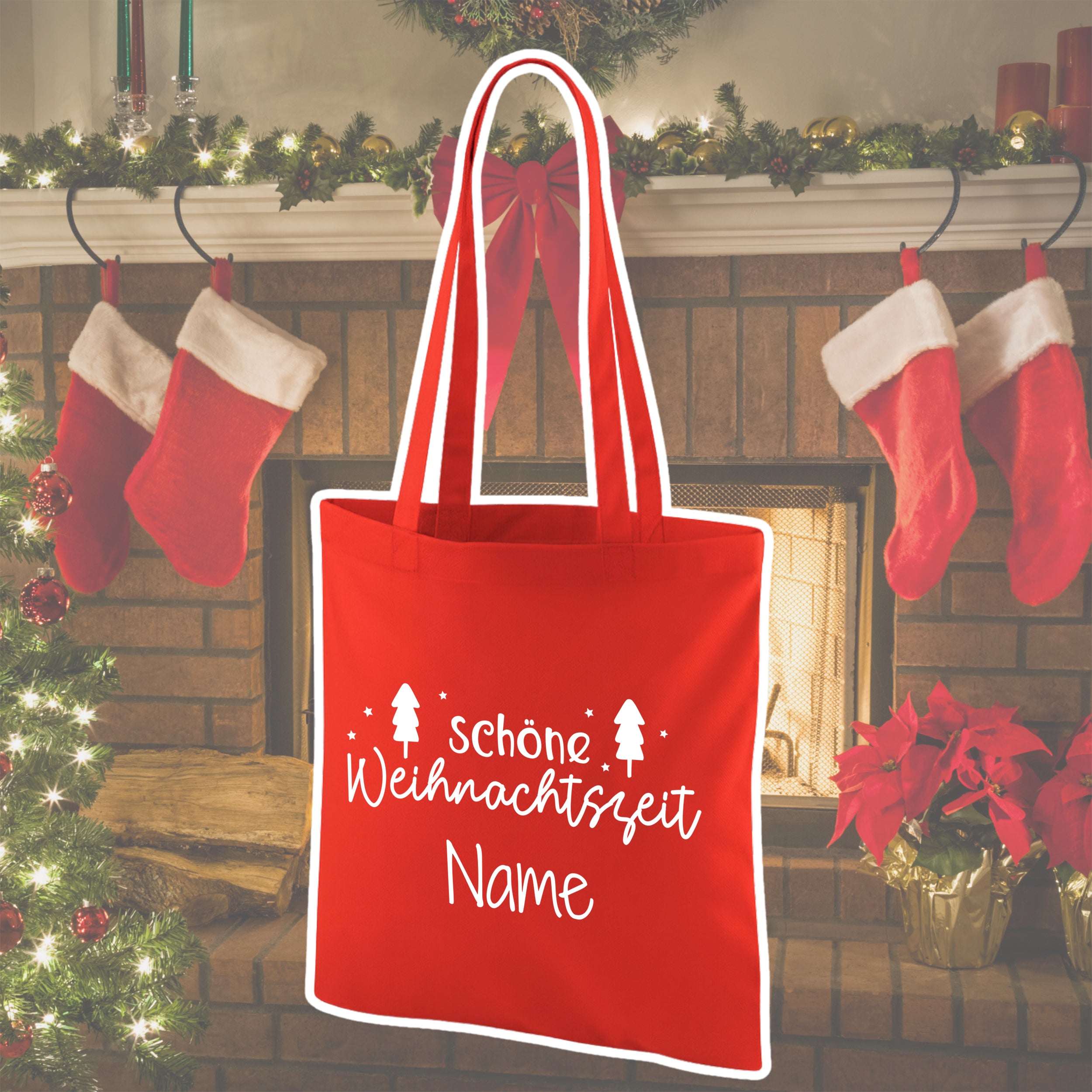 Rote Stofftasche mit "Schöne Weihnachtszeit" und Namen.