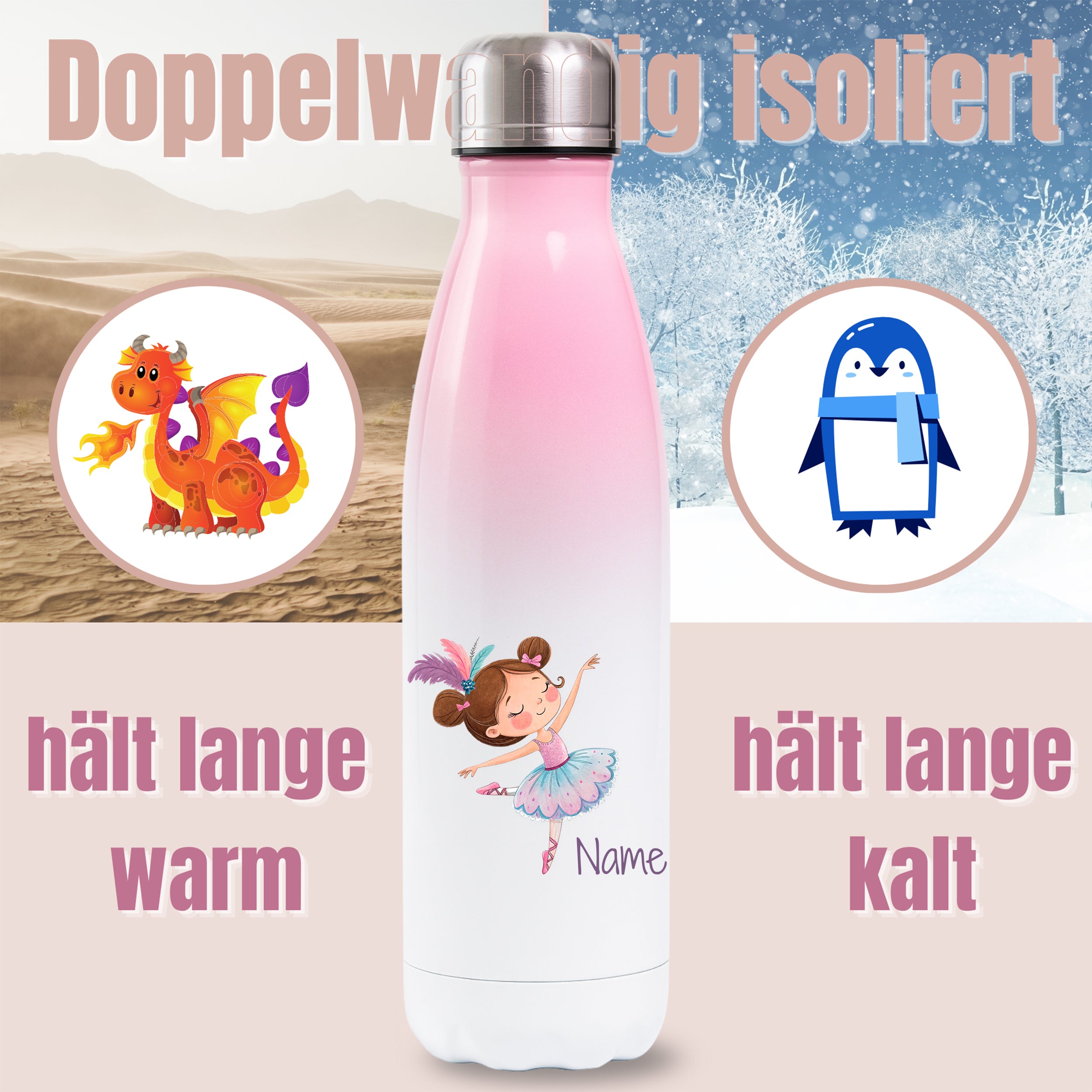 Thermosflasche Rosa mit Ballerina