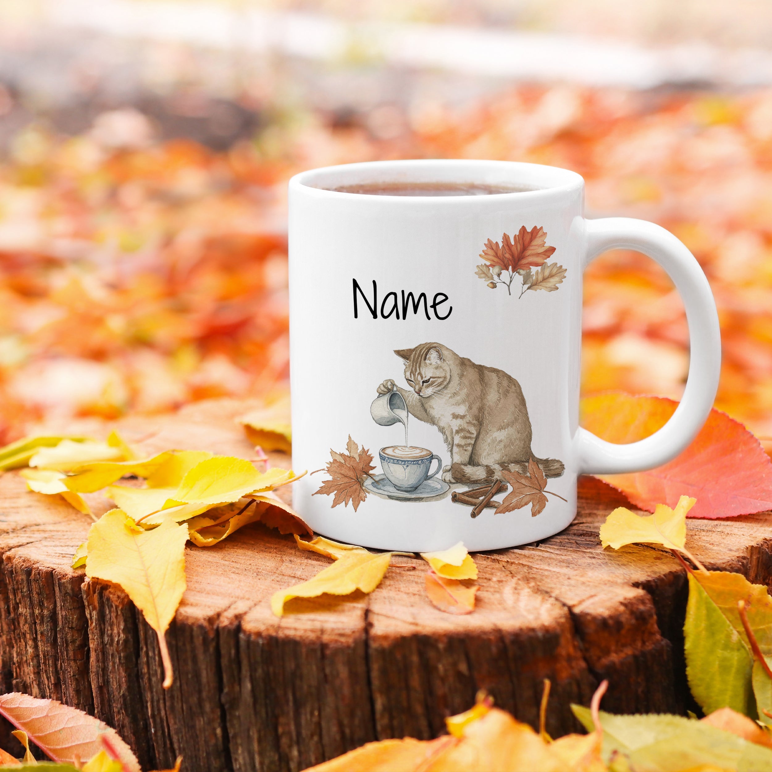 Tasse Katze mit Herbstlaub