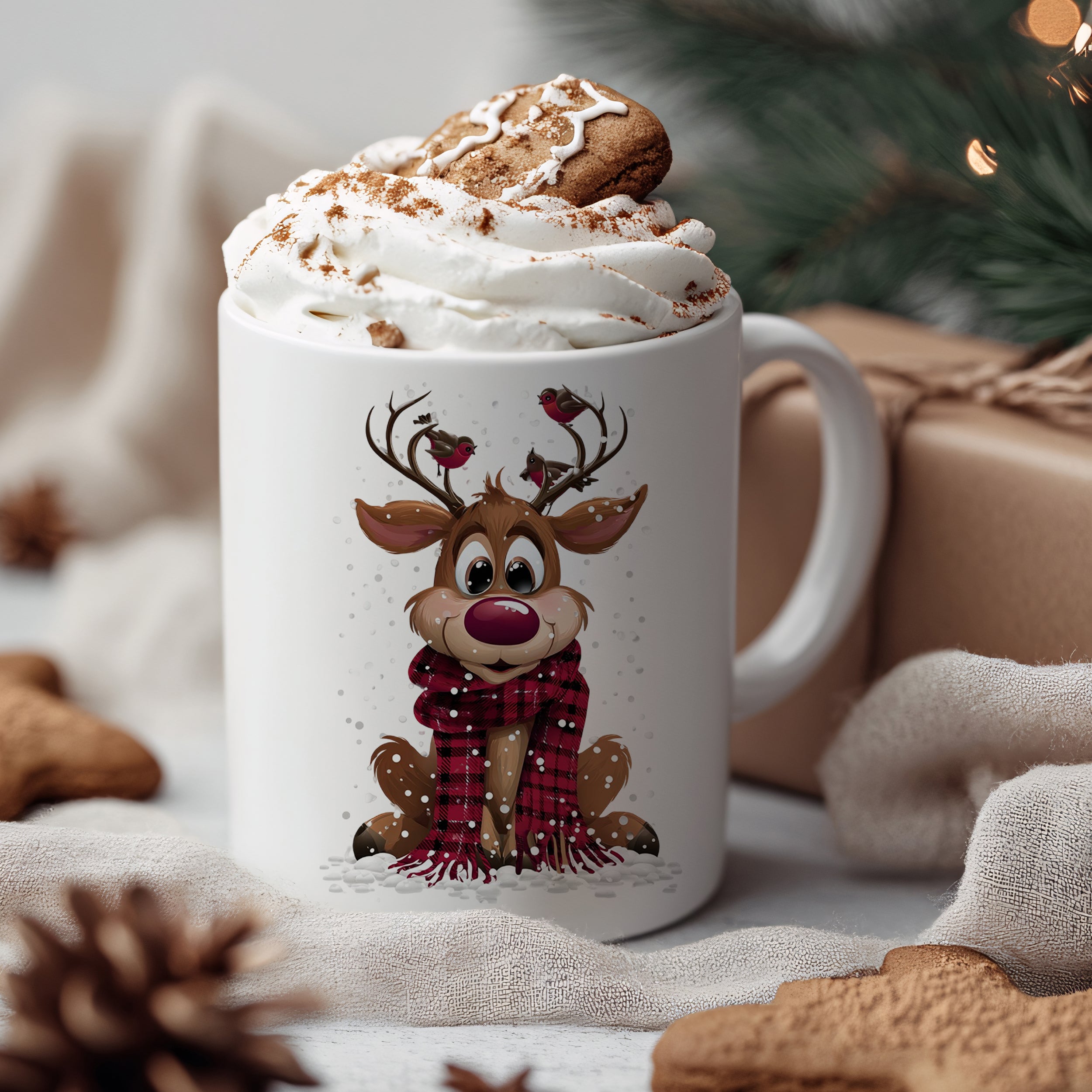 Weihnachtstasse Rentier mit Schal