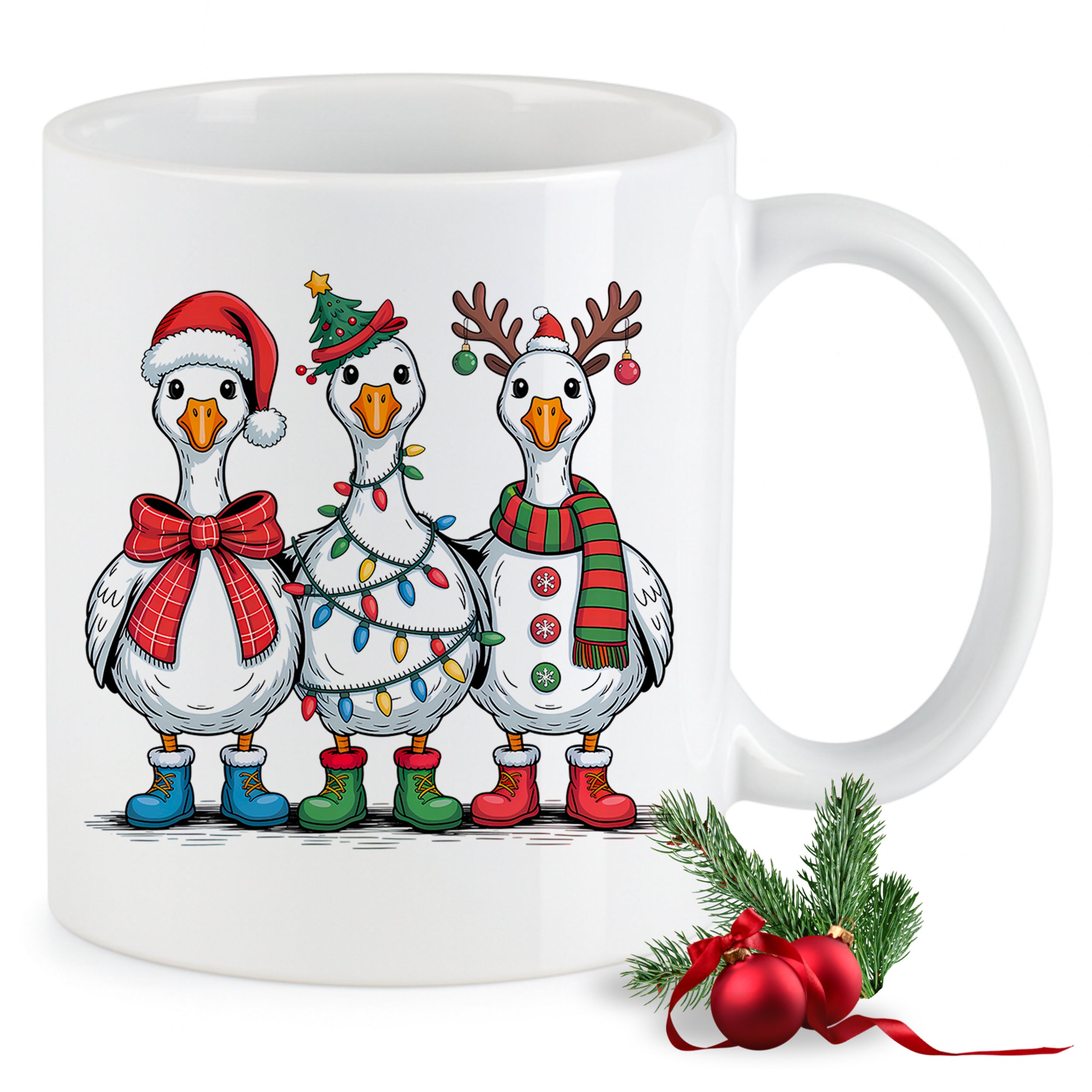 Weihnachtstasse mit fröhlichen Gänsen