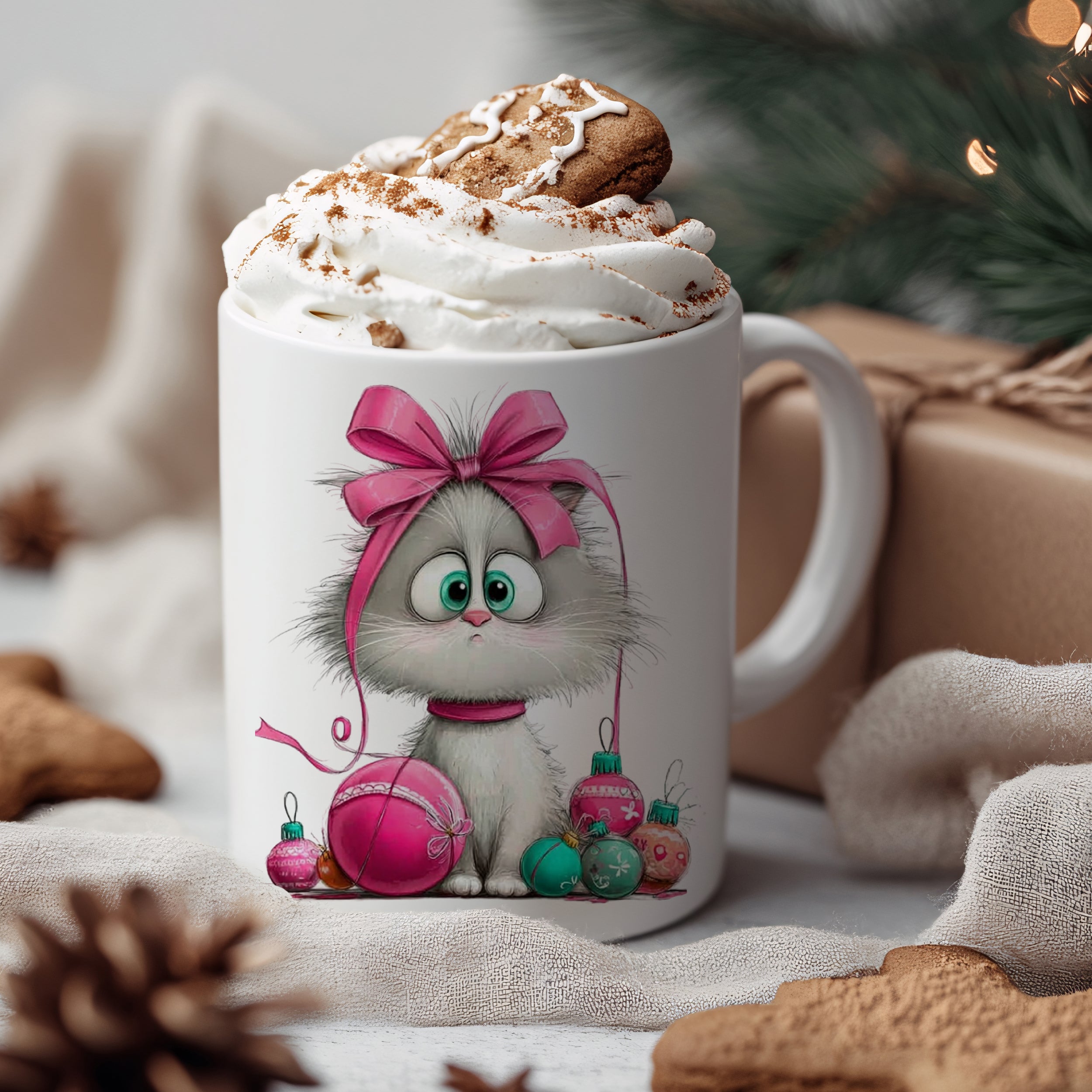 Tasse Kätzchen mit Weihnachtskugeln