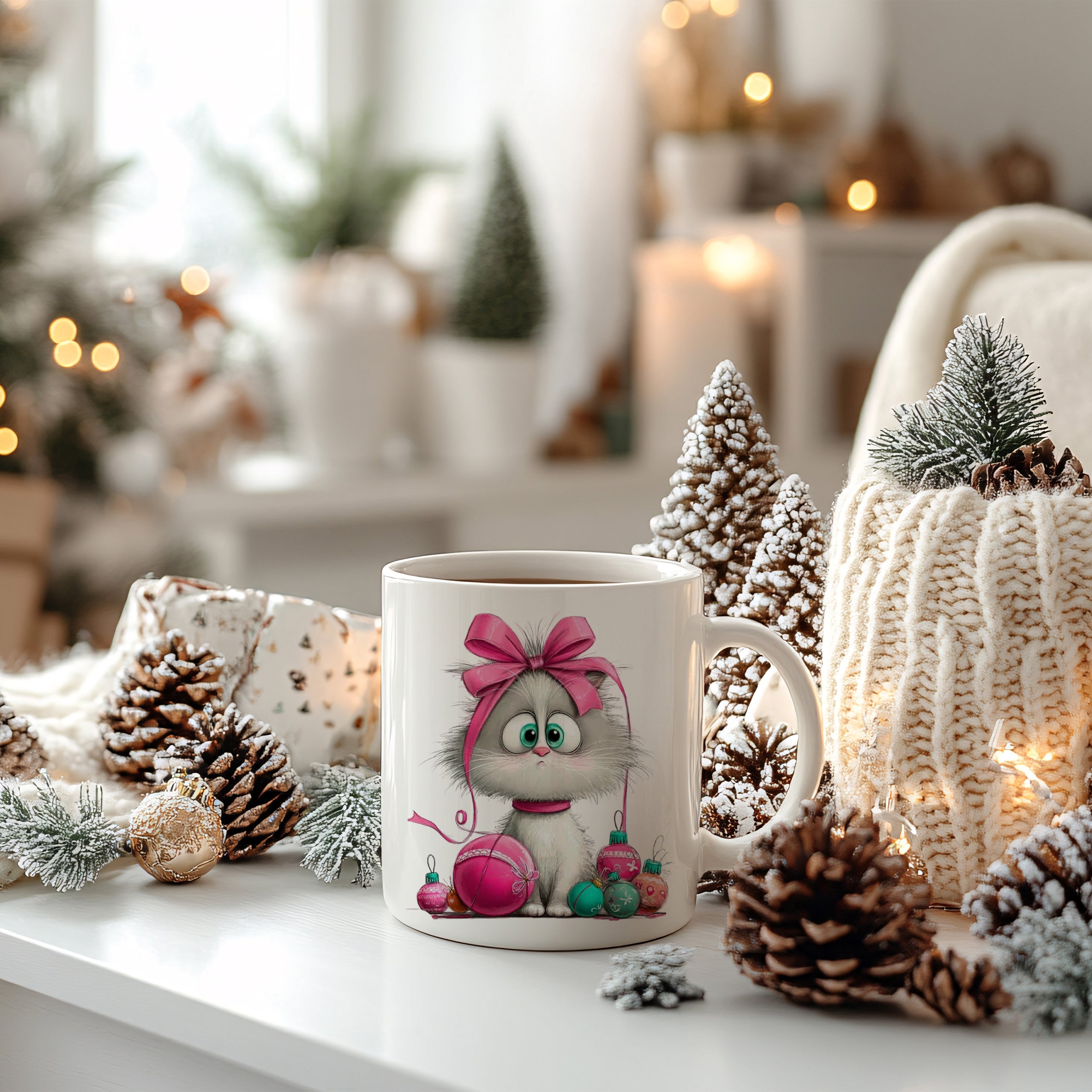 Tasse Kätzchen mit Weihnachtskugeln