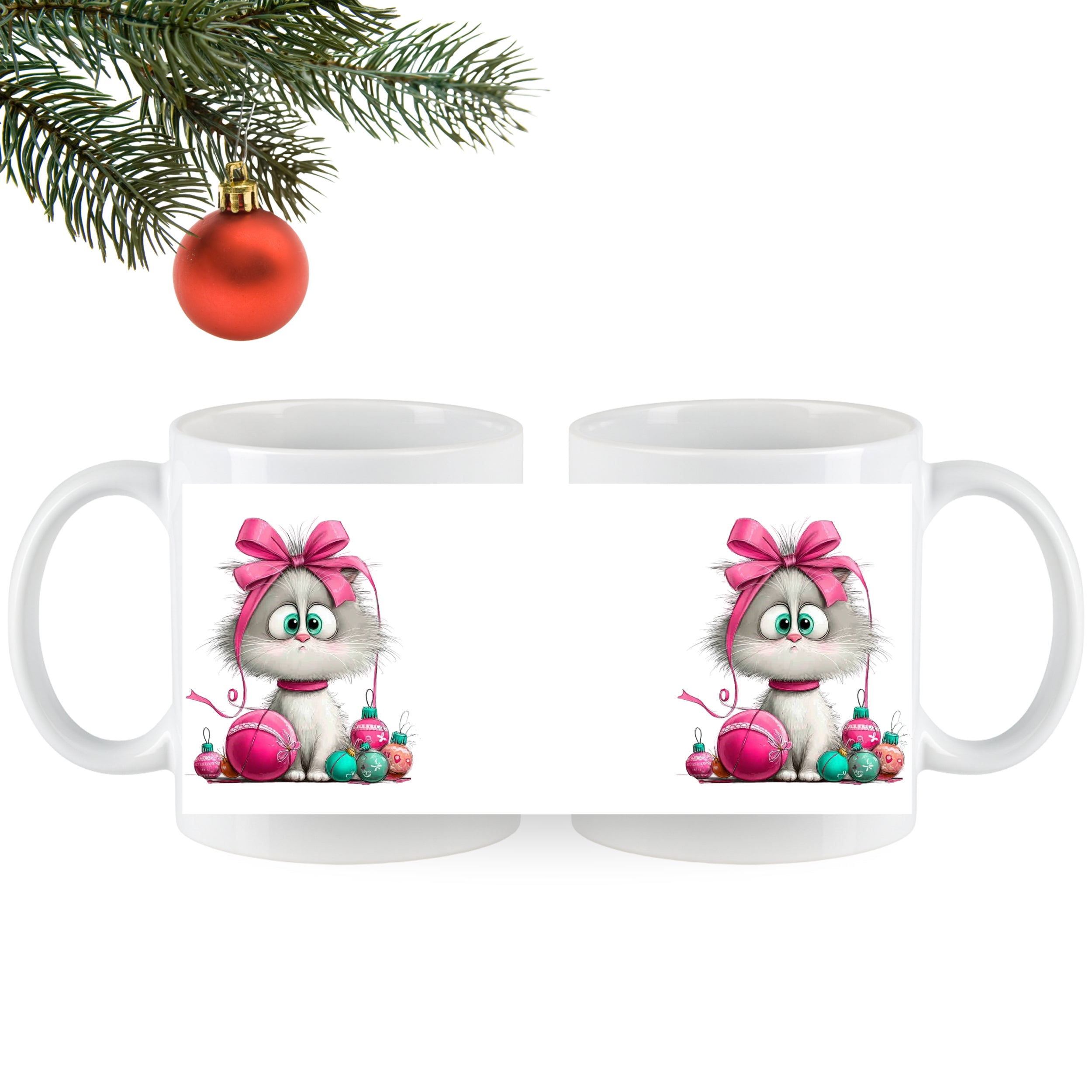 Tasse Kätzchen mit Weihnachtskugeln