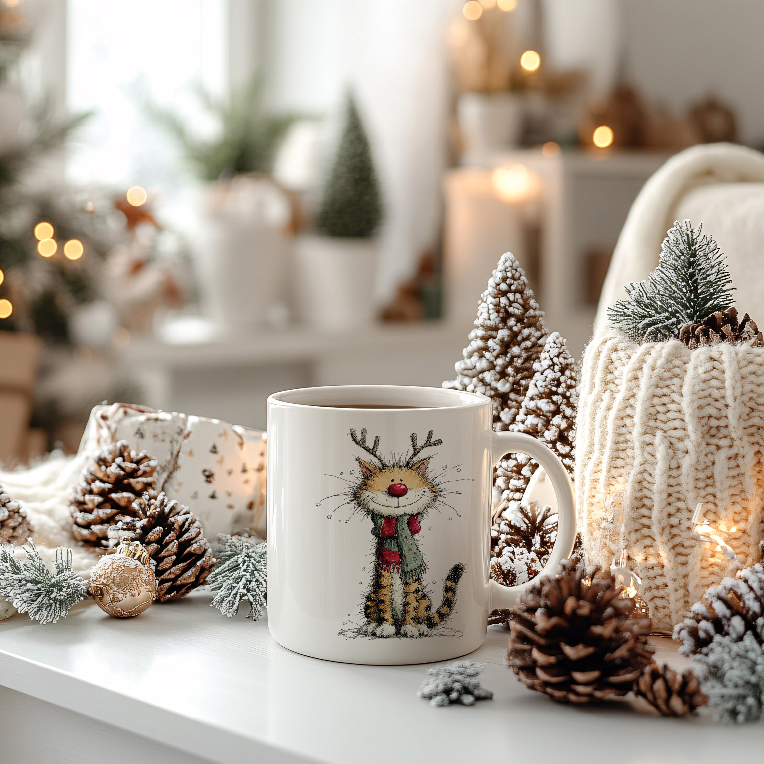 Weißer Becher mit einer Katze im Weihnachtsdesign.