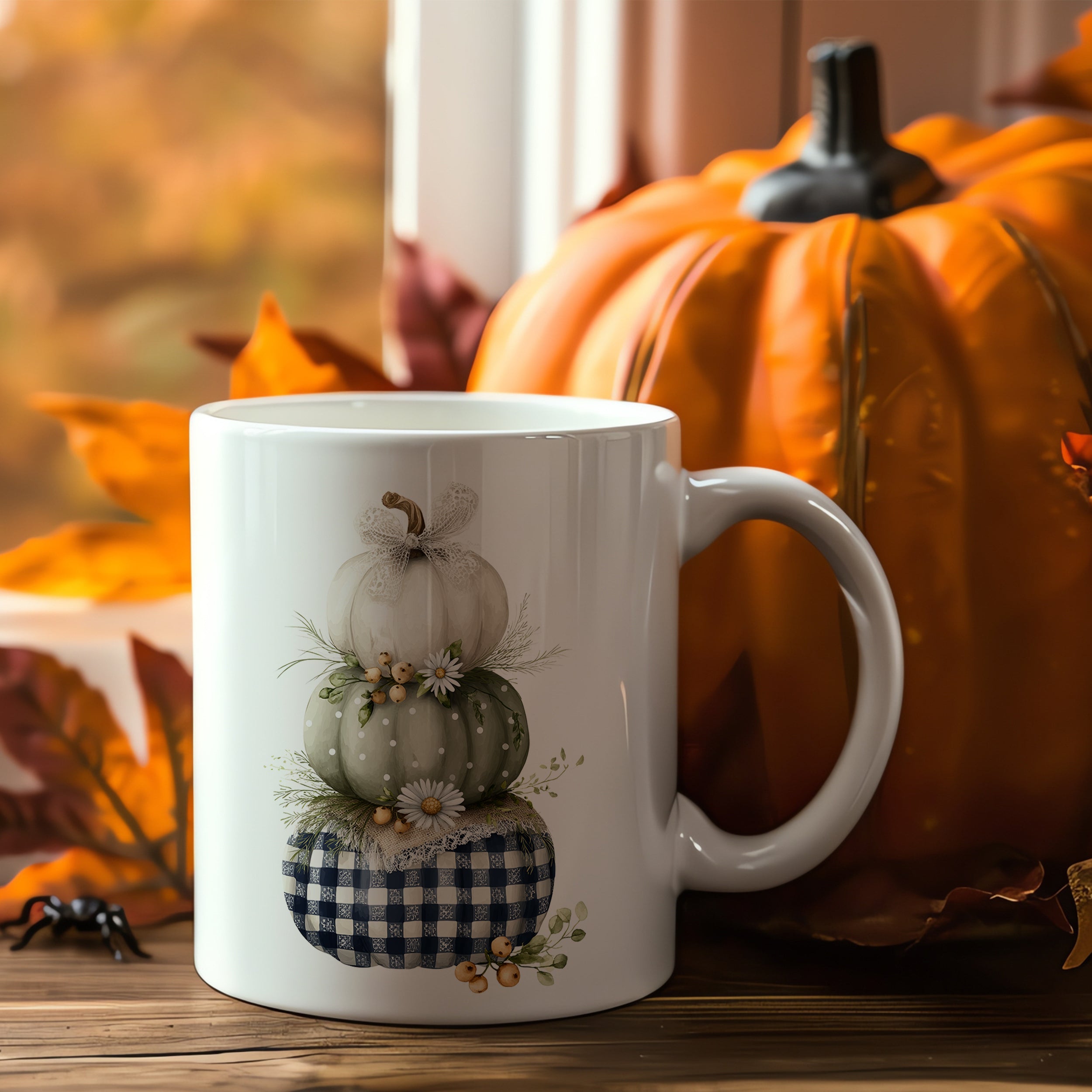 Tasse mit dekorativen Kürbissen in sanften Farben.