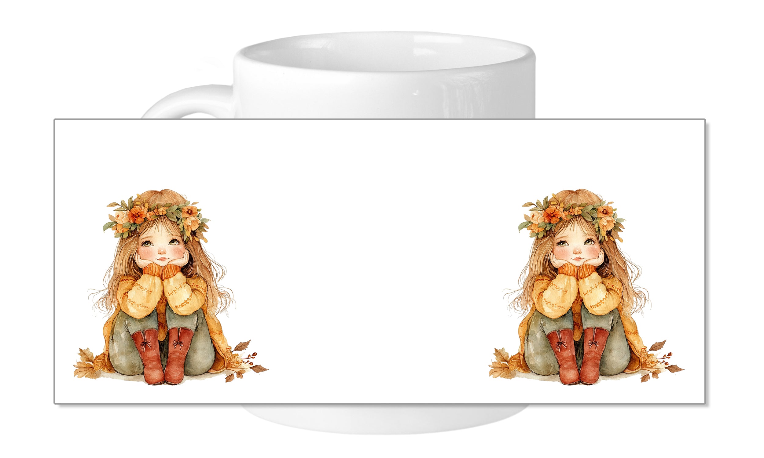 Tasse mit herbstlichen Mädchenmotiven in warmen Farben.