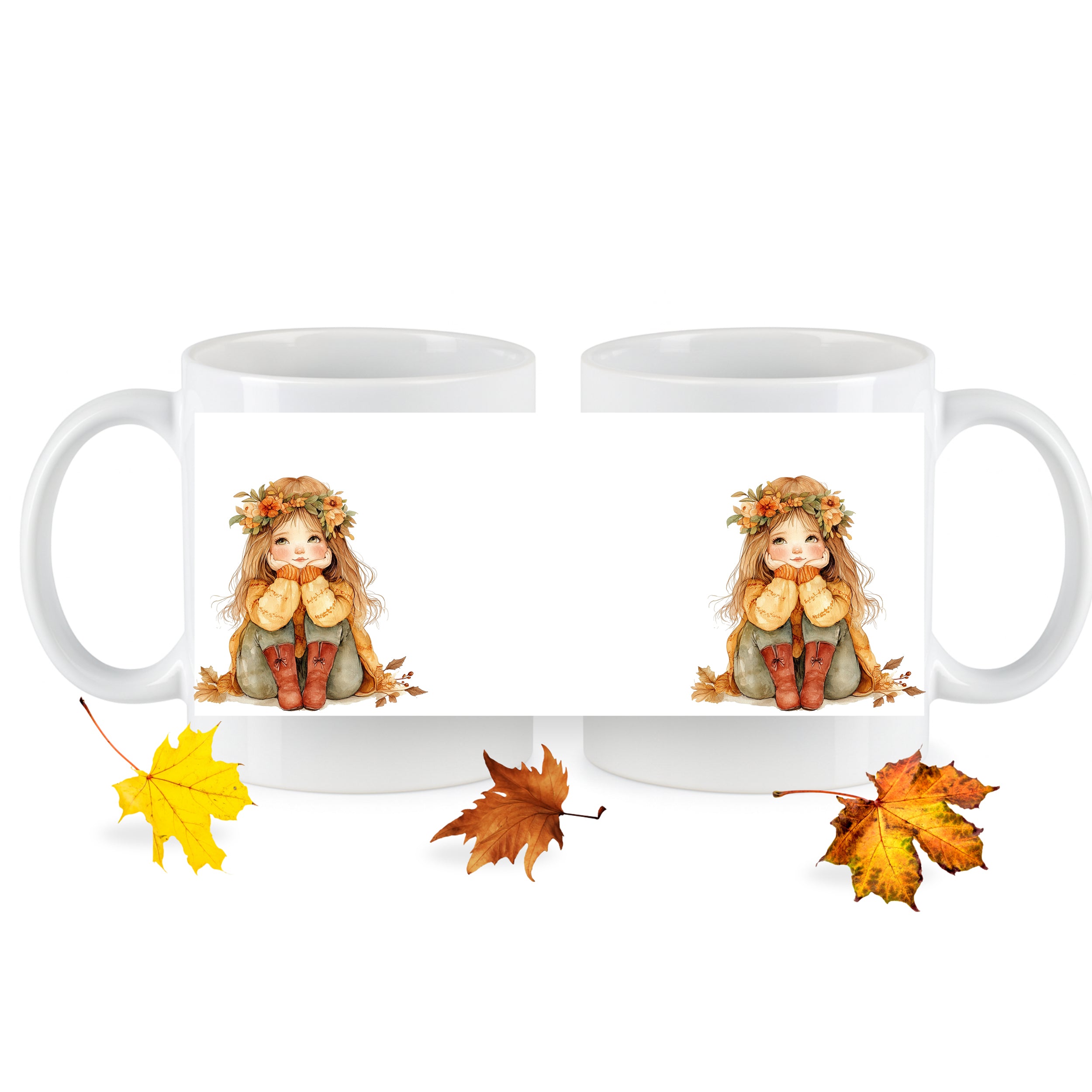 Tassen mit herbstlichem Mädchen-Design und bunten Blättern.
