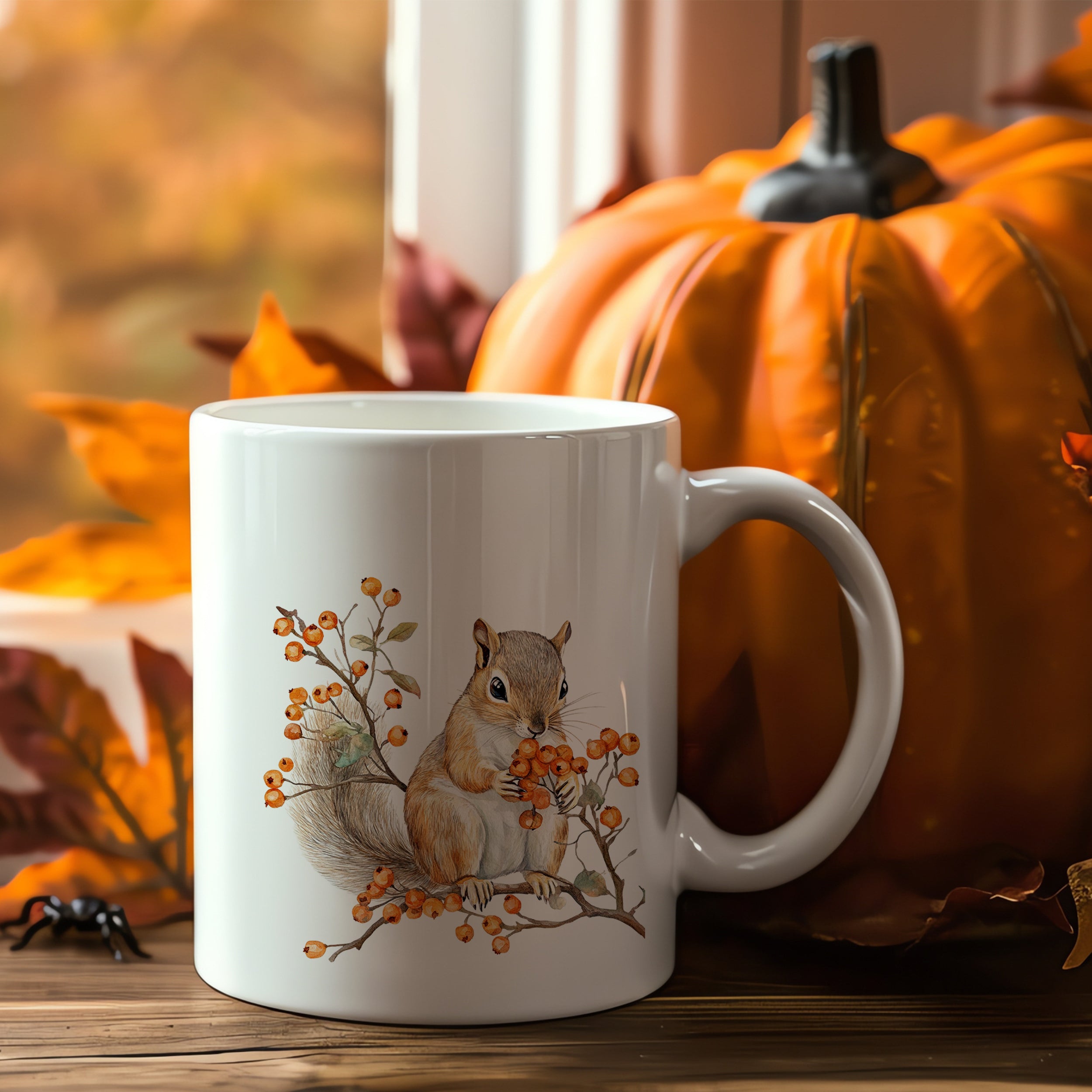 Kaffeetasse mit Eichhörnchen und Herbstblättern, weiß.
