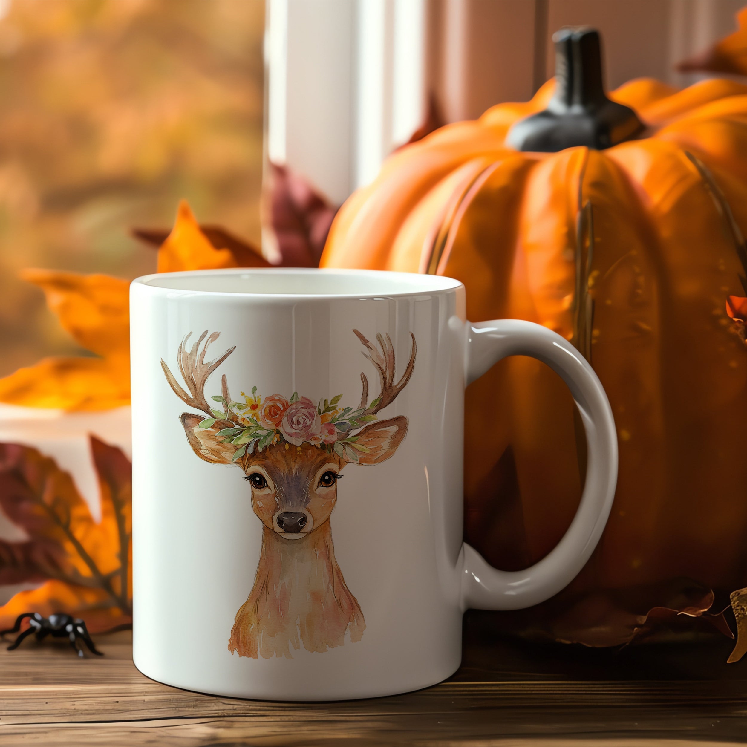 Weißer Becher mit Reh-Motiv und Blumenkranz.