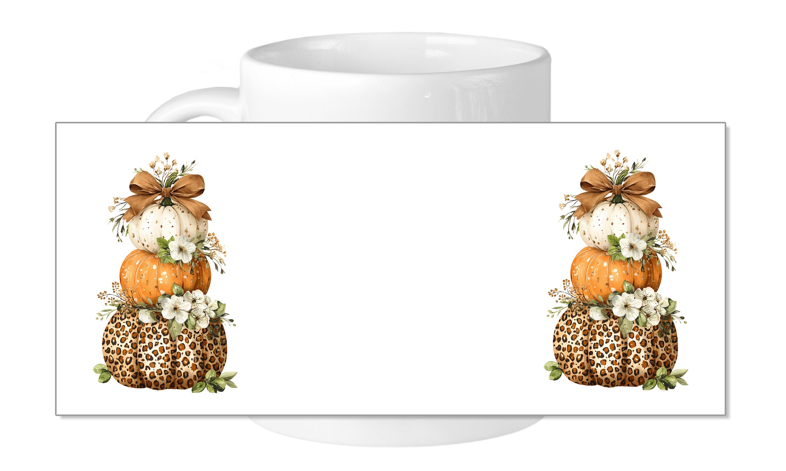 Drei Kürbisse in Orange und Weiß mit Blumen.