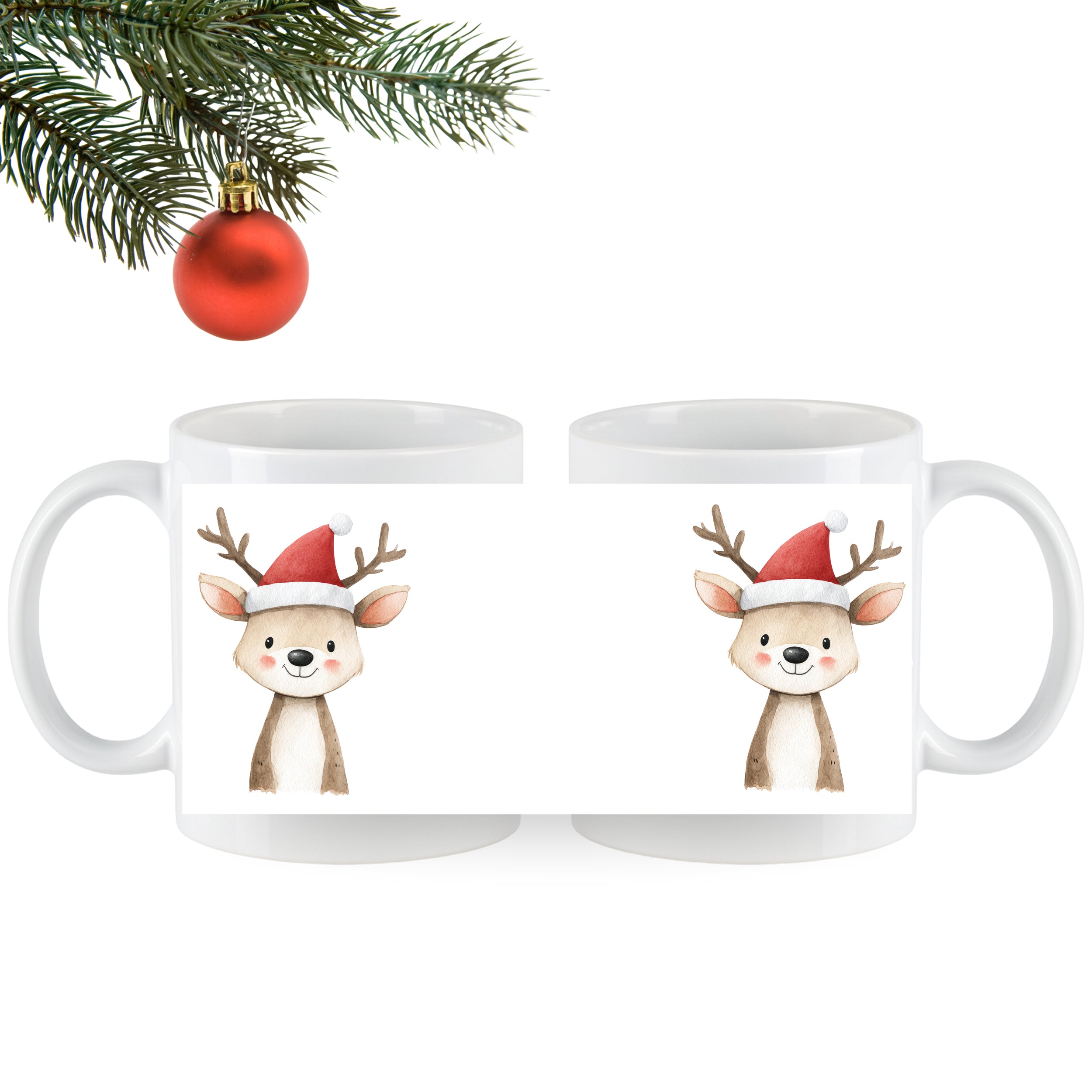 Weihnachtliche Tasse mit niedlichem Rentier und rotem Hut.