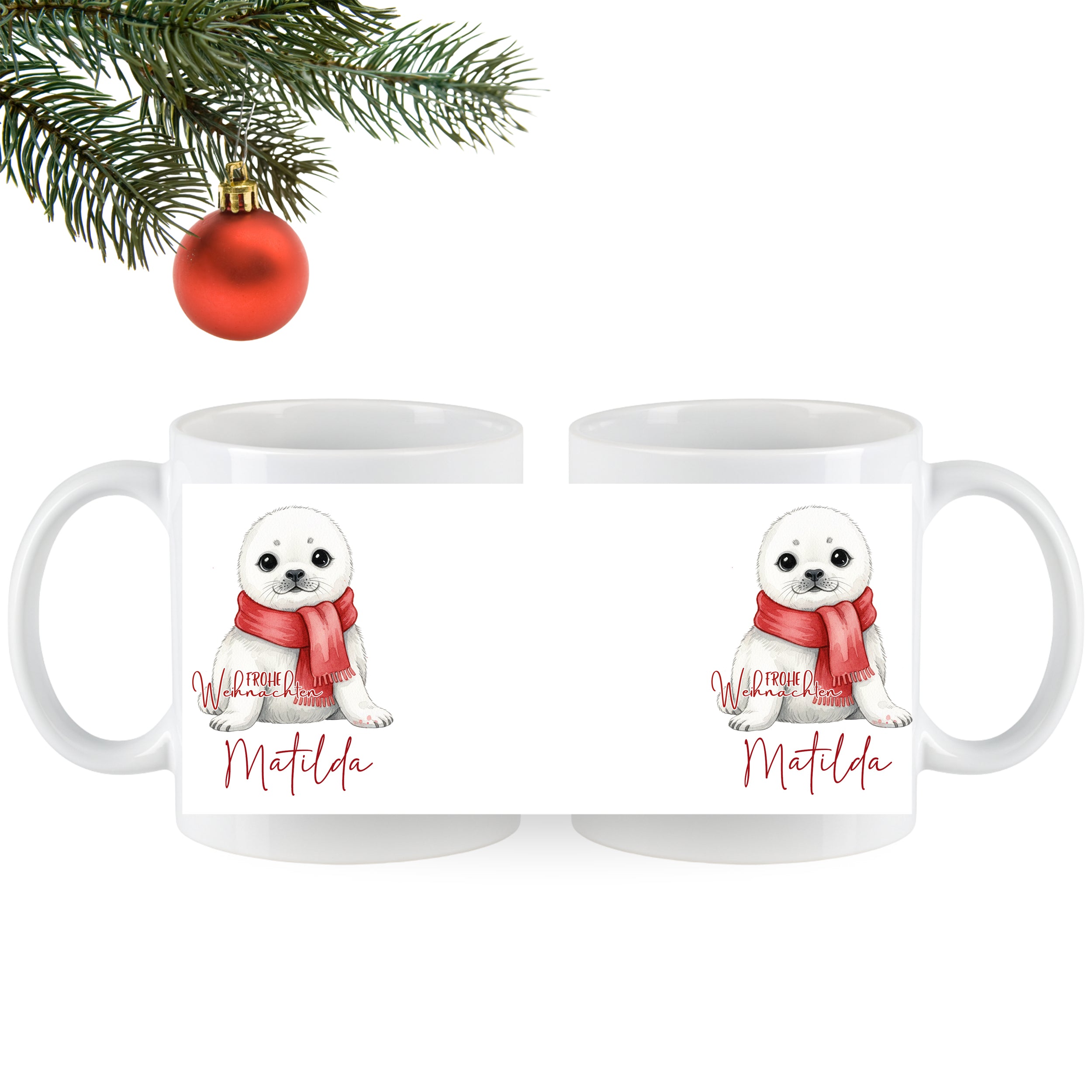 Tasse mit Robbe und rotem Schal, personalisiert mit "Matilda".