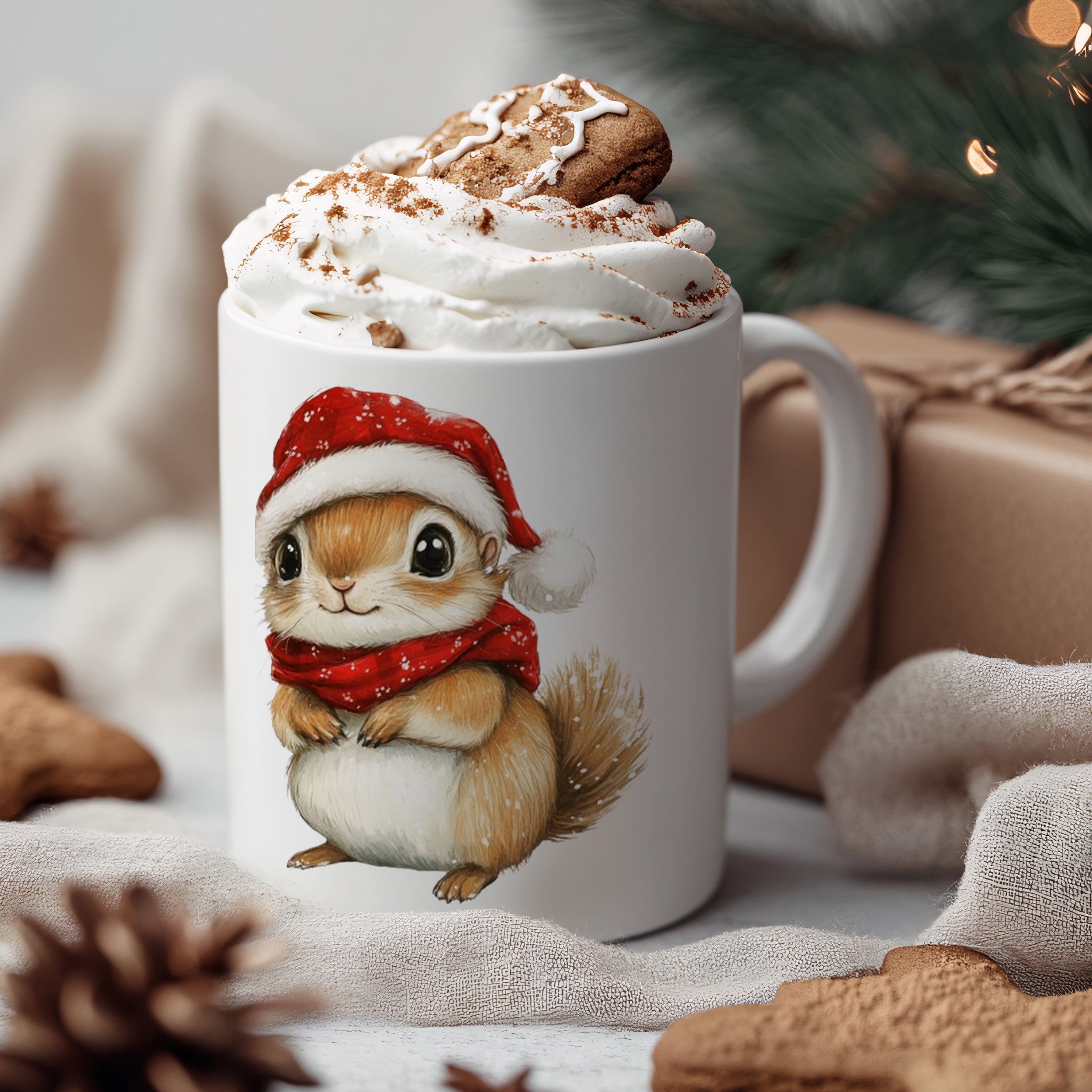 Weihnachtstasse mit niedlichem Eichhörnchen