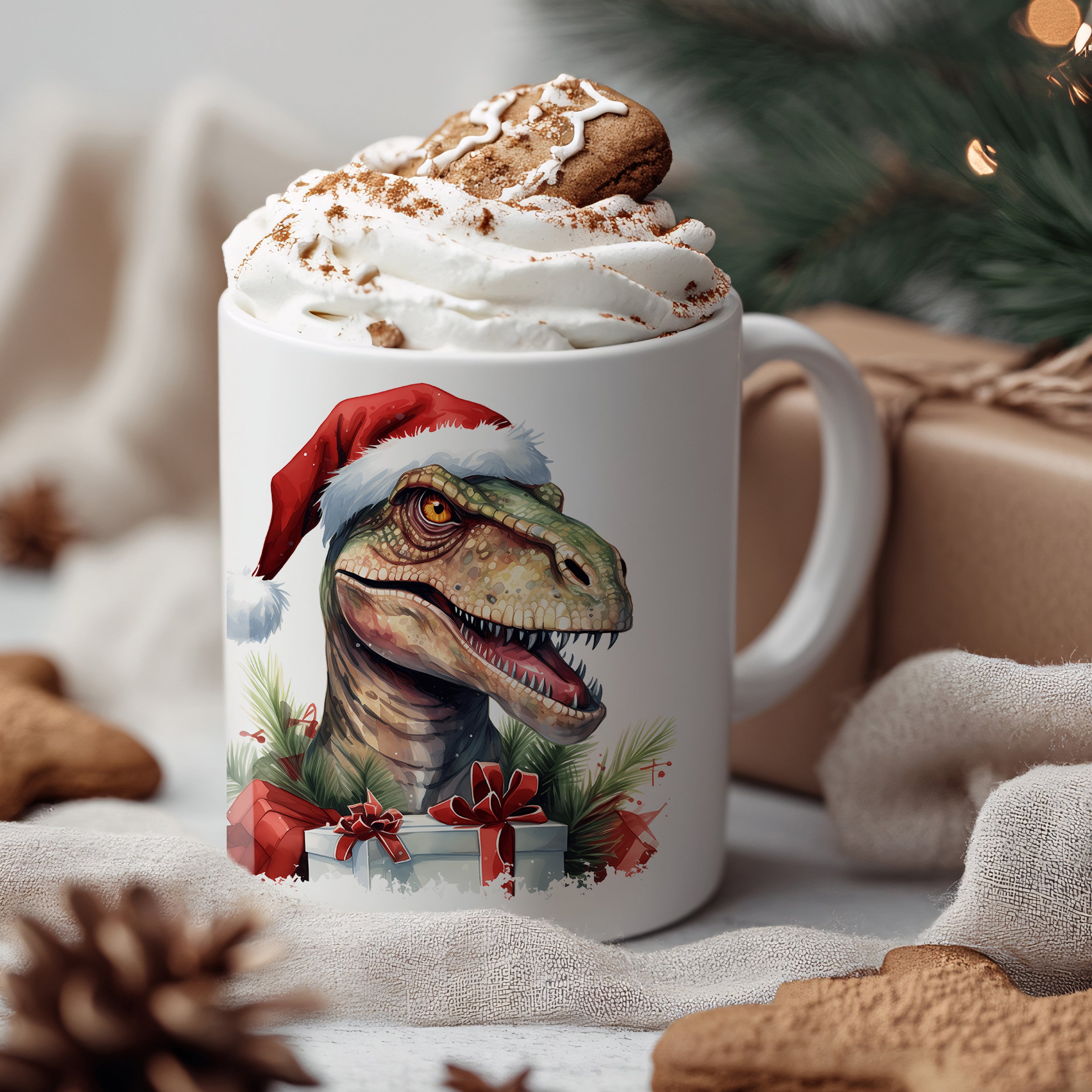 Tasse Dinosaurier mit Weihnachtsmütze