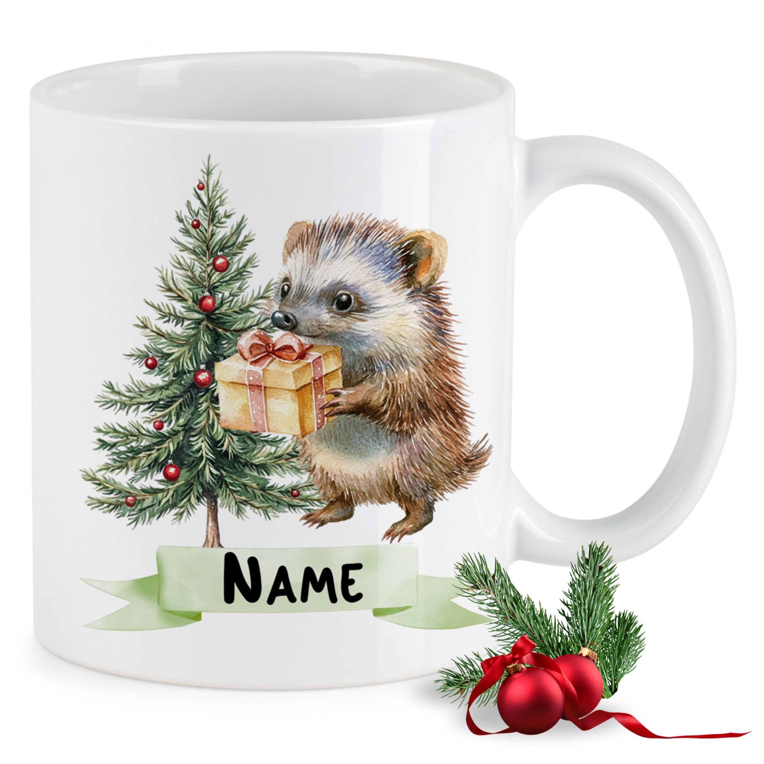 Weihnachtstasse Igel mit Geschenk